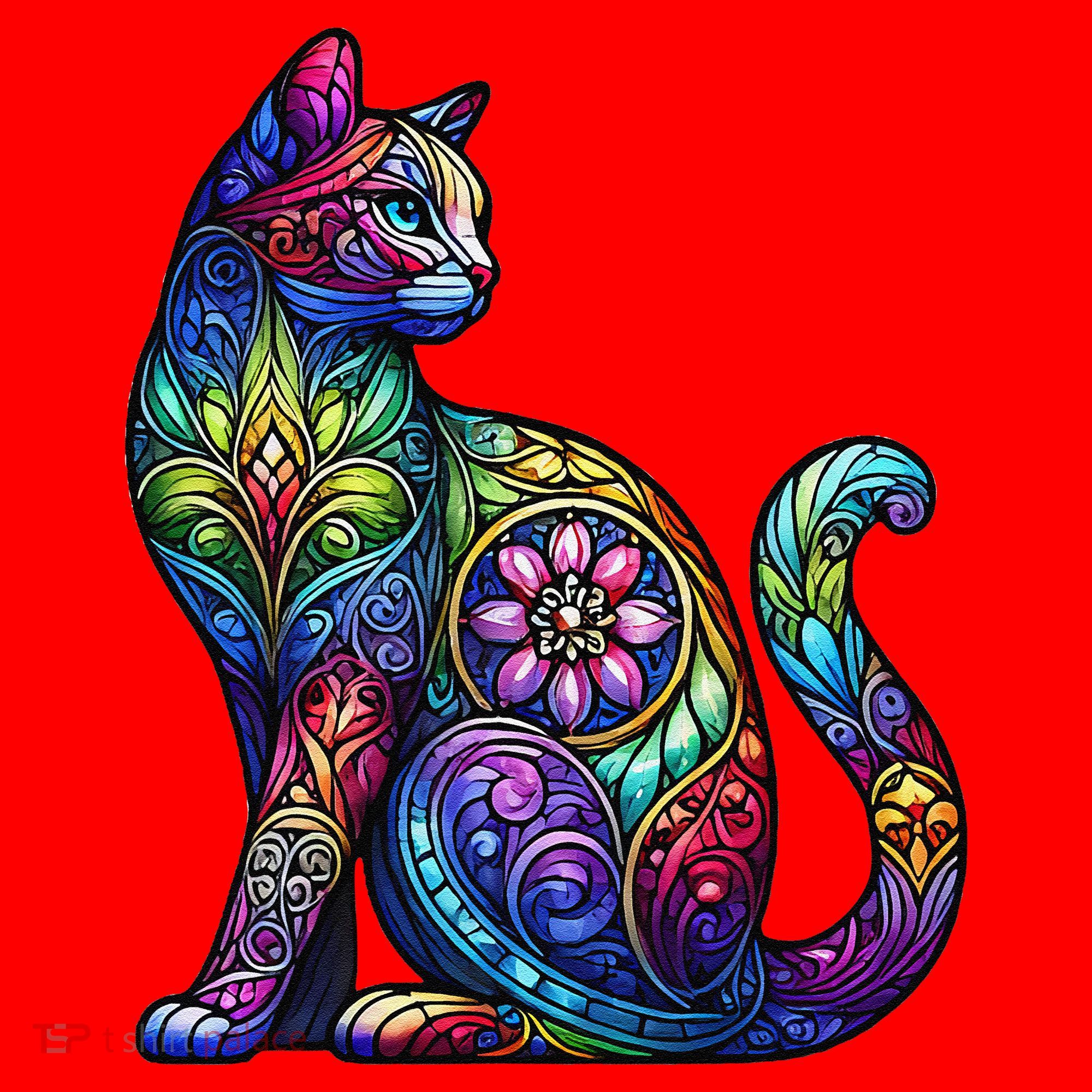 Stained Glass Window Cat Art Santa Hat