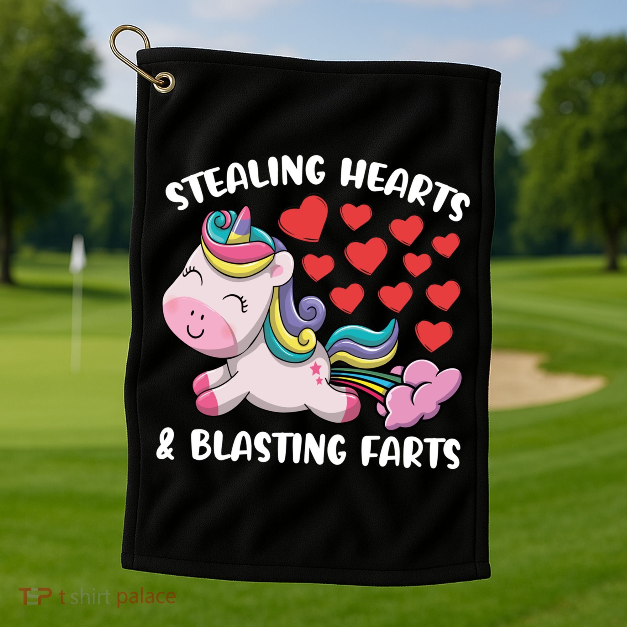 Stealing Hearts And Blasting Farts Valentines Unicorn Gift Golf Towel