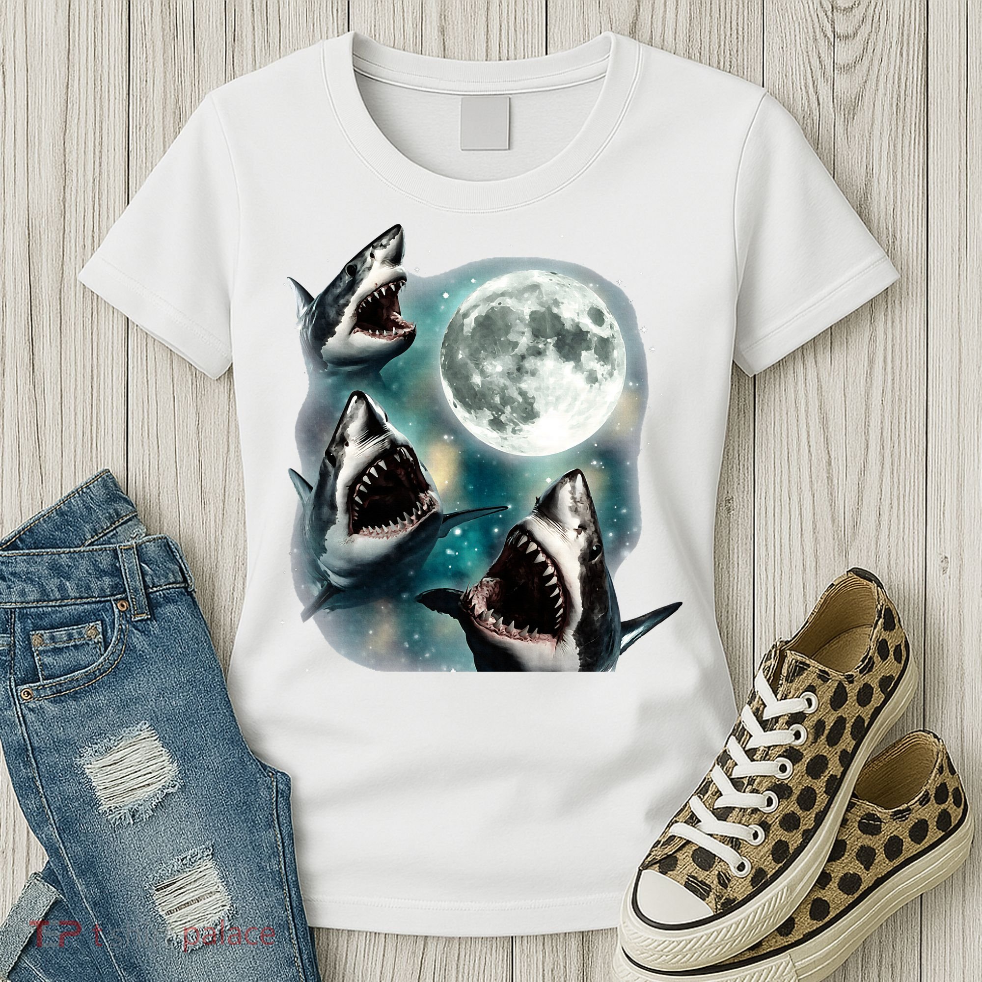 Sharks Howling At Moon Cosmic Space Women's T-Shirt