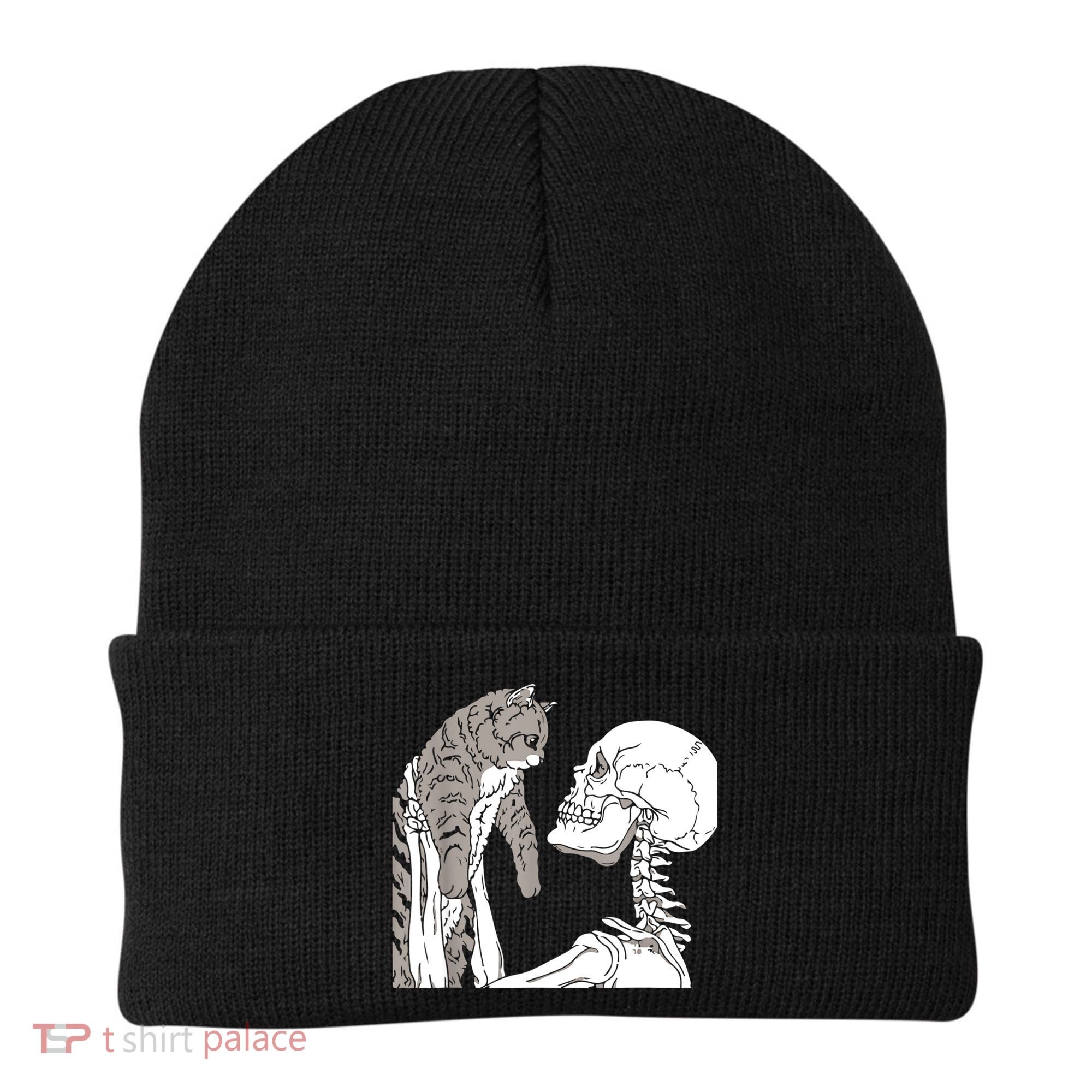 Skeleton Holding A Cat Shirt Lazy Halloween Costume Skull Beanie