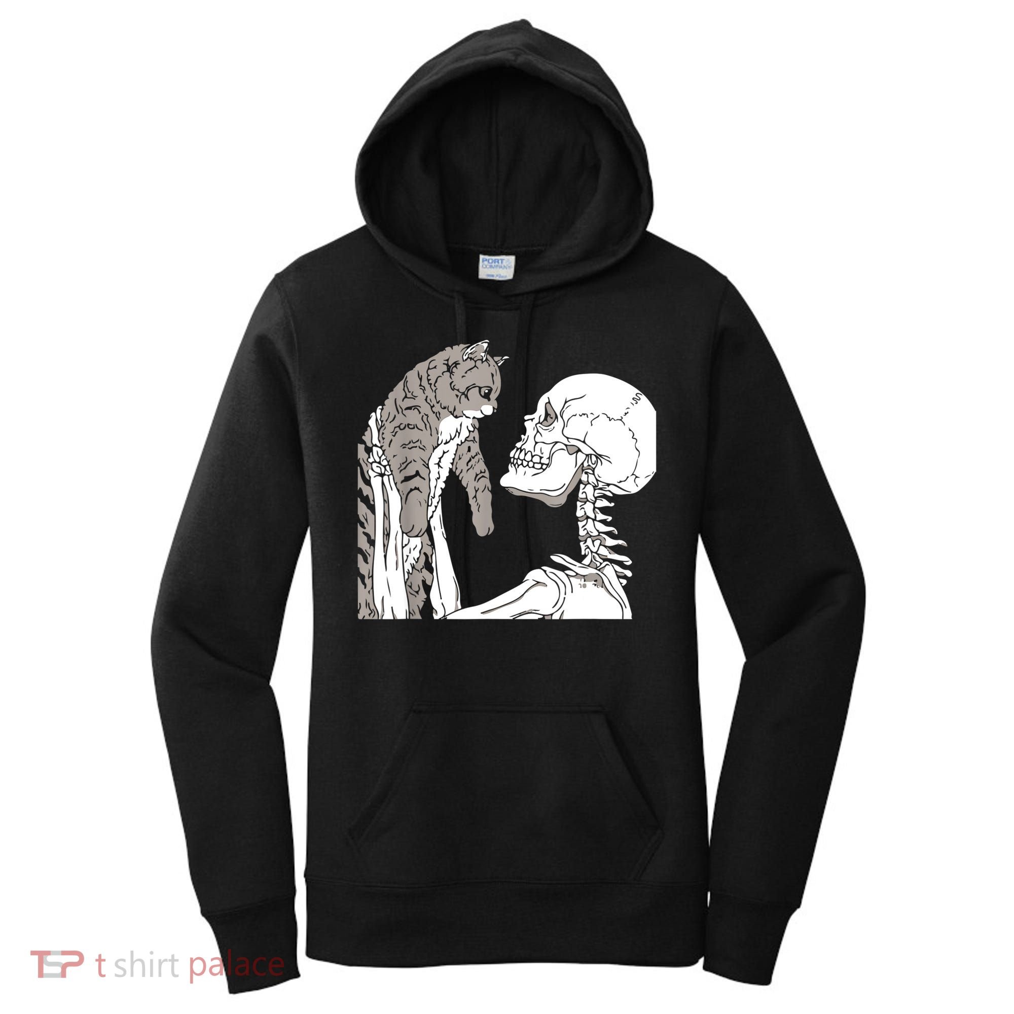Skeleton Holding A Cat Shirt Lazy Halloween Costume Skull Women's Hoodie