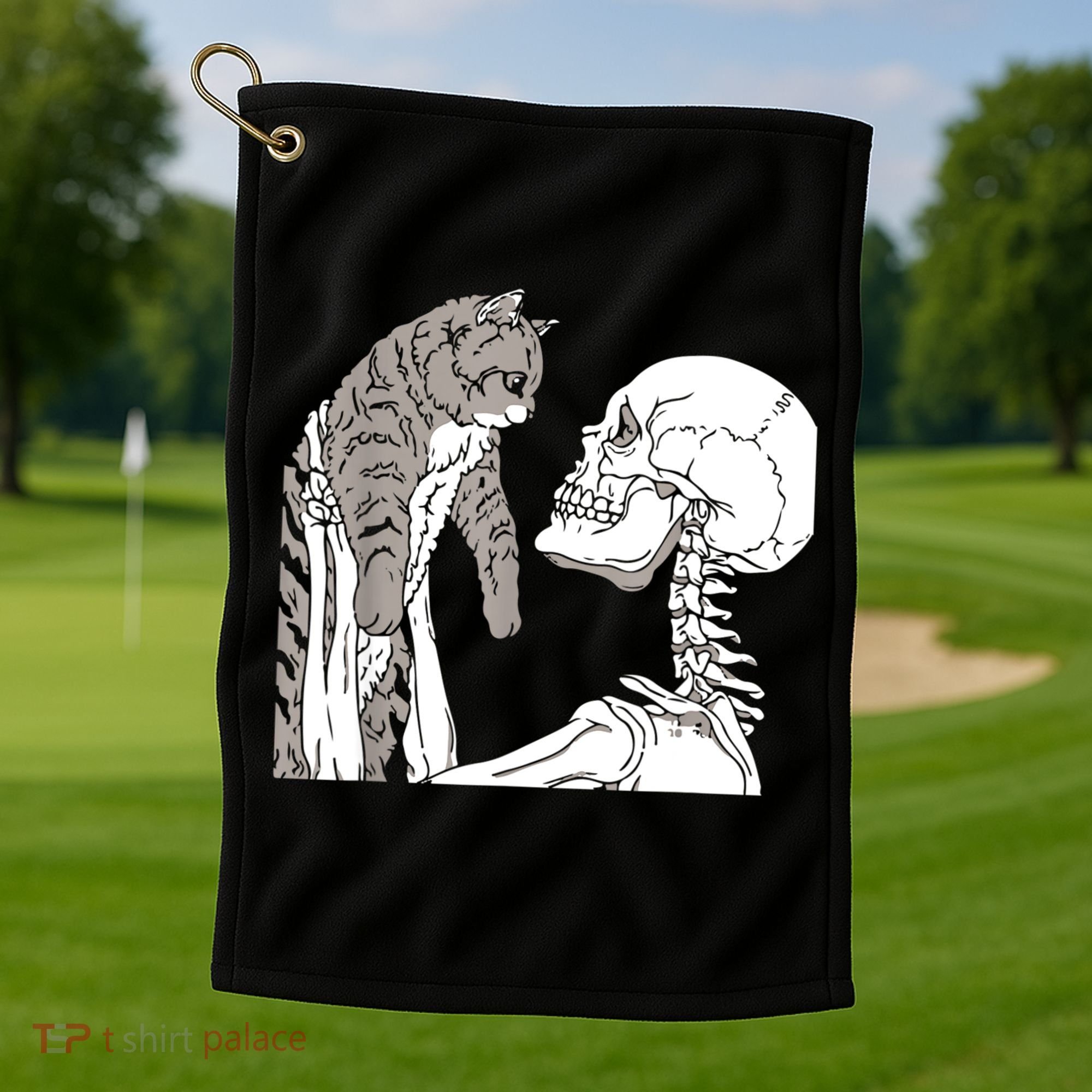 Skeleton Holding A Cat Shirt Lazy Halloween Costume Skull Golf Towel