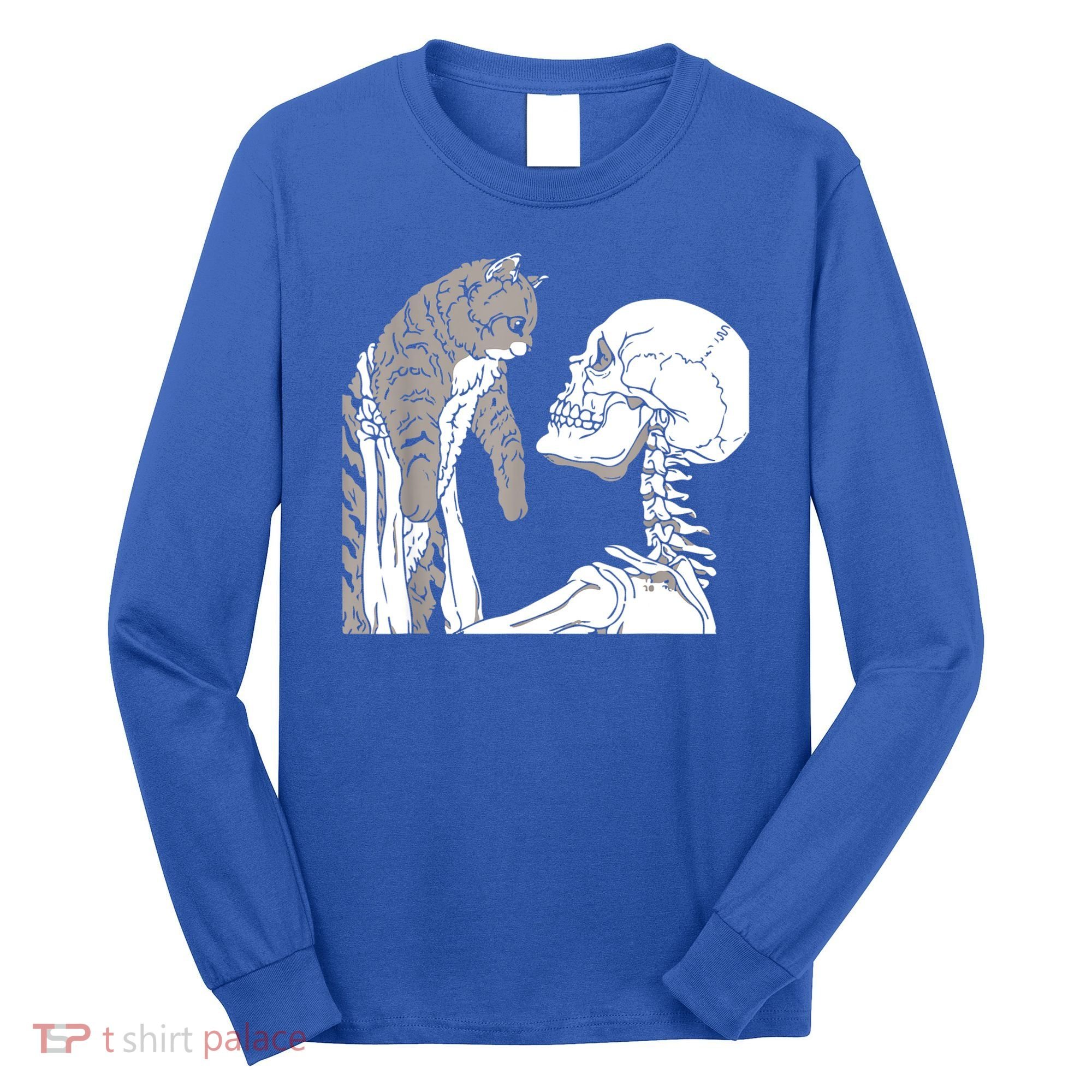 Skeleton Holding A Cat Shirt Lazy Halloween Costume Skull Long Sleeve Shirt