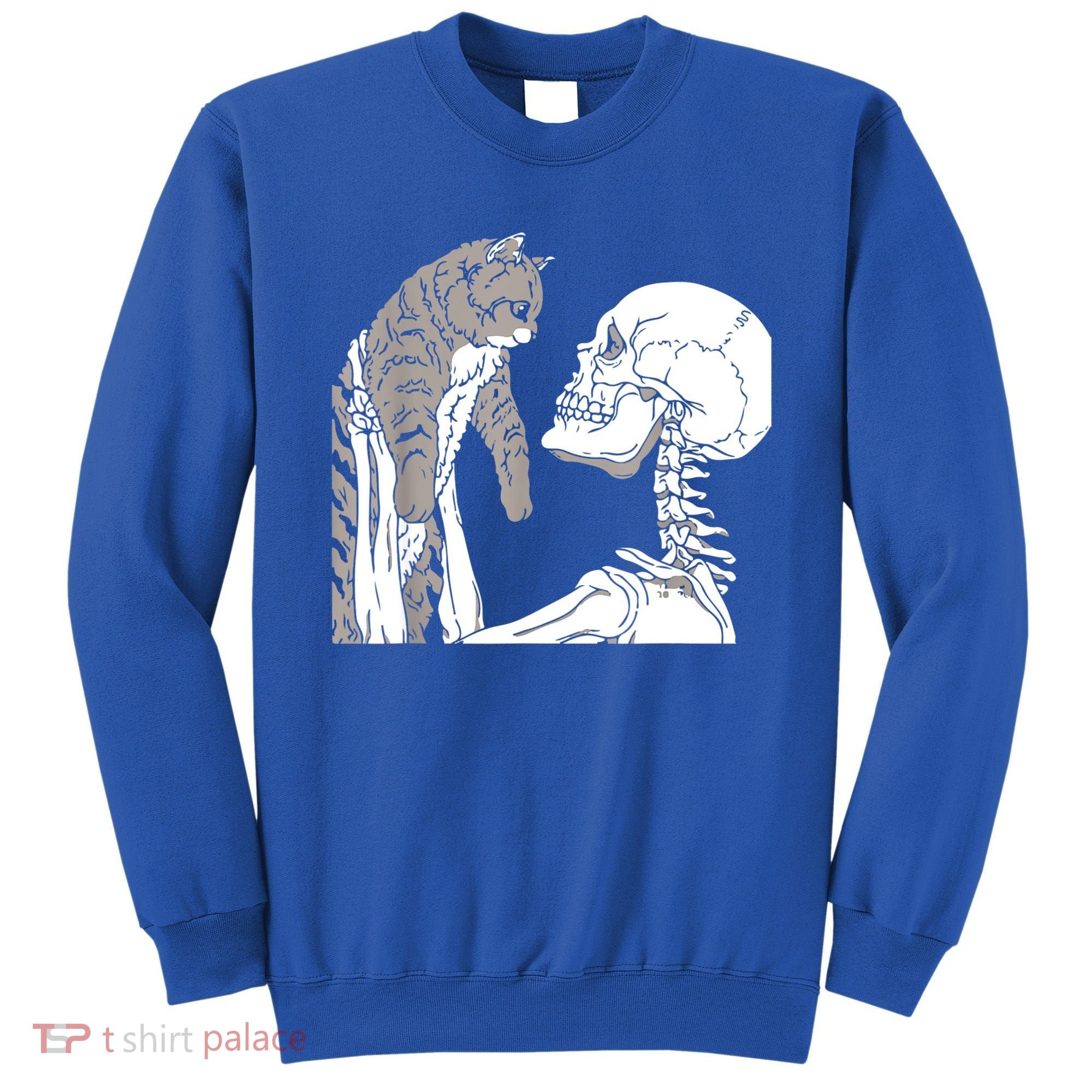 Skeleton Holding A Cat Shirt Lazy Halloween Costume Skull Sweatshirt