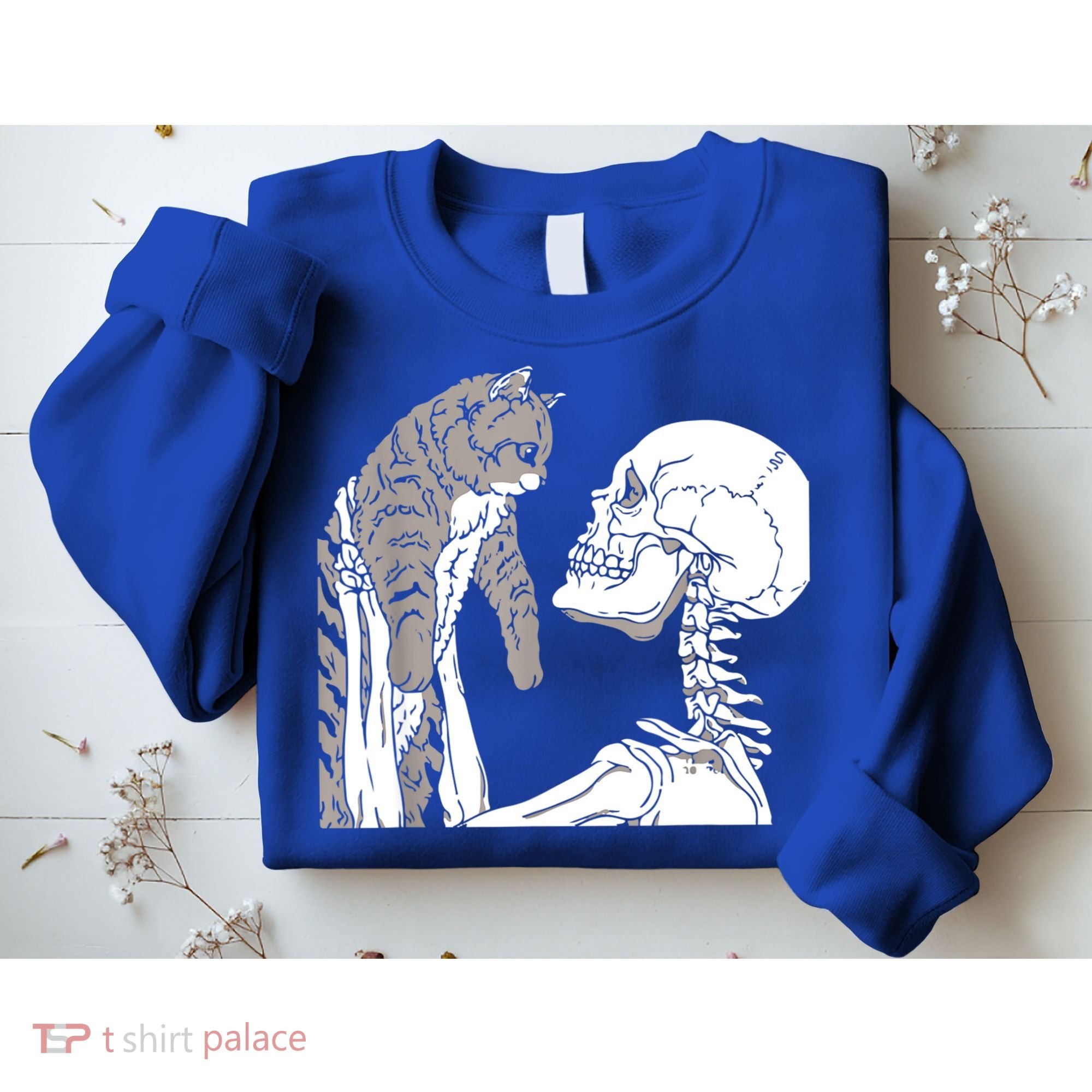 Skeleton Holding A Cat Shirt Lazy Halloween Costume Skull Sweatshirt