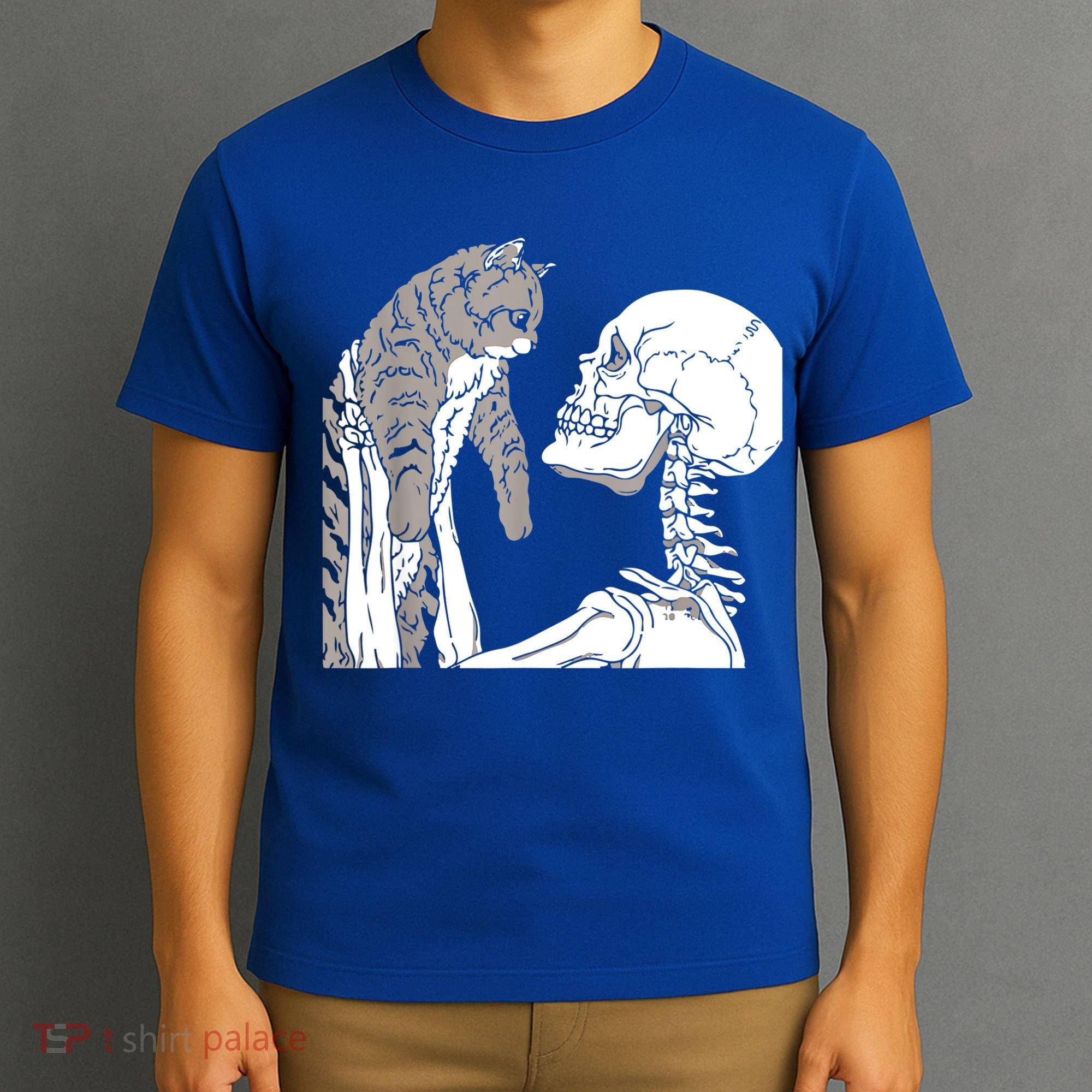 Skeleton Holding A Cat Shirt Lazy Halloween Costume Skull T-Shirt