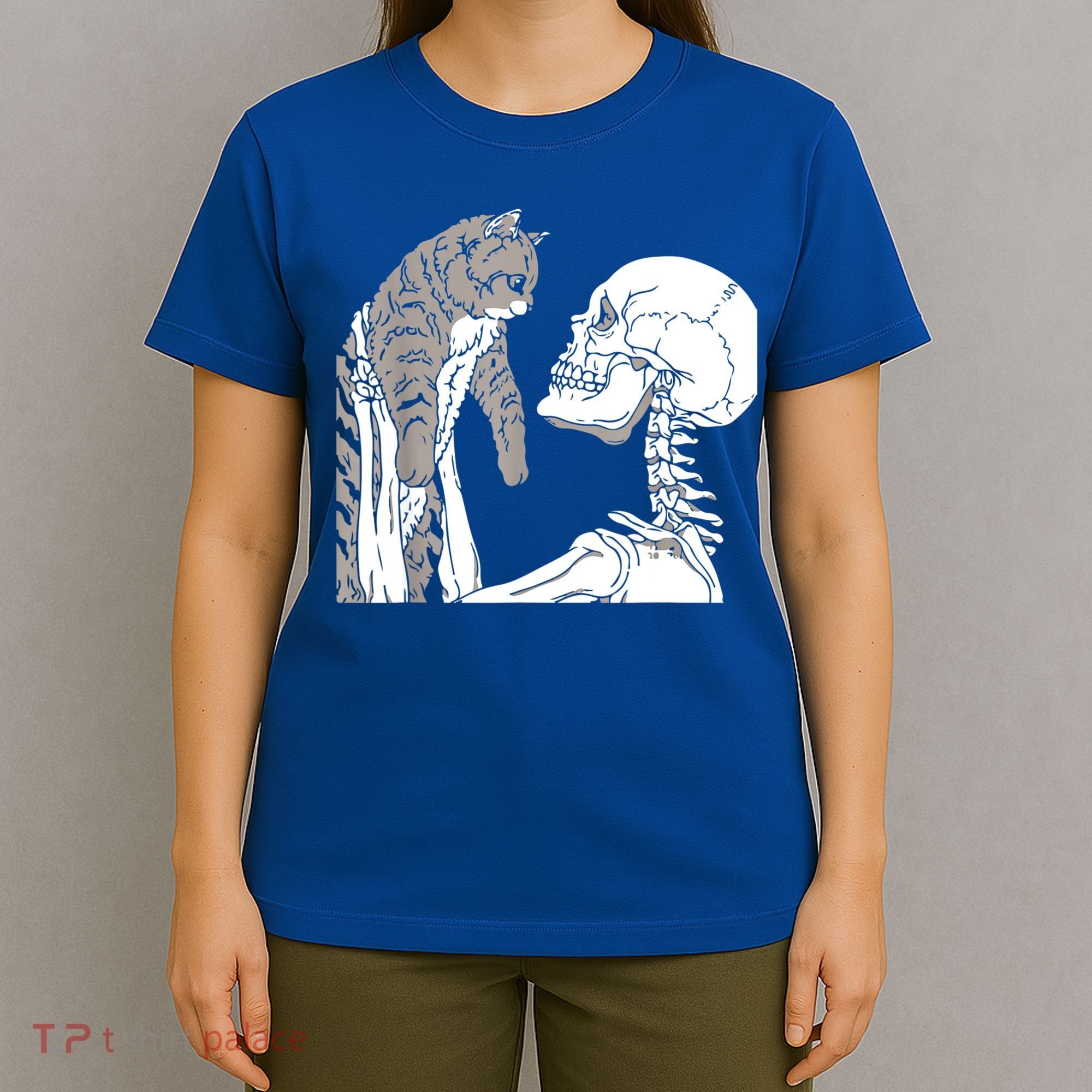 Skeleton Holding A Cat Shirt Lazy Halloween Costume Skull T-Shirt