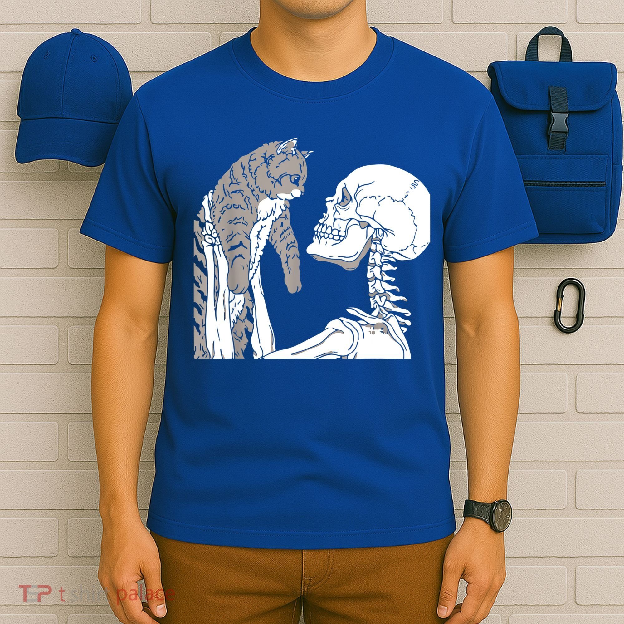 Skeleton Holding A Cat Shirt Lazy Halloween Costume Skull T-Shirt