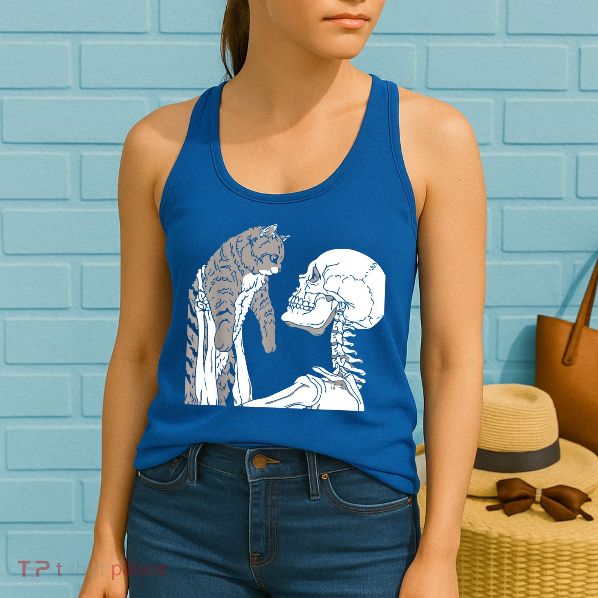 Skeleton Holding A Cat Shirt Lazy Halloween Costume Skull Women's Tank Top