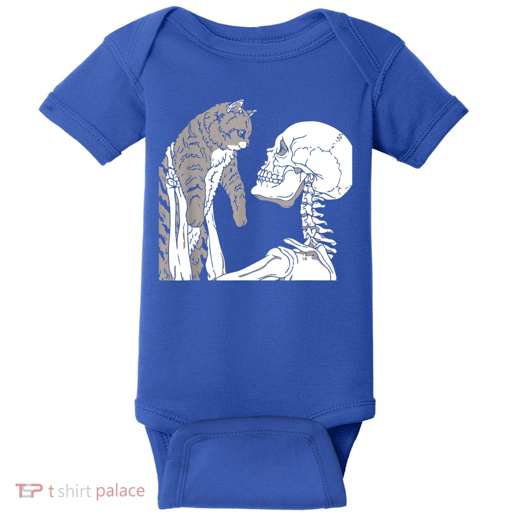 Skeleton Holding A Cat Shirt Lazy Halloween Costume Skull Baby Bodysuit