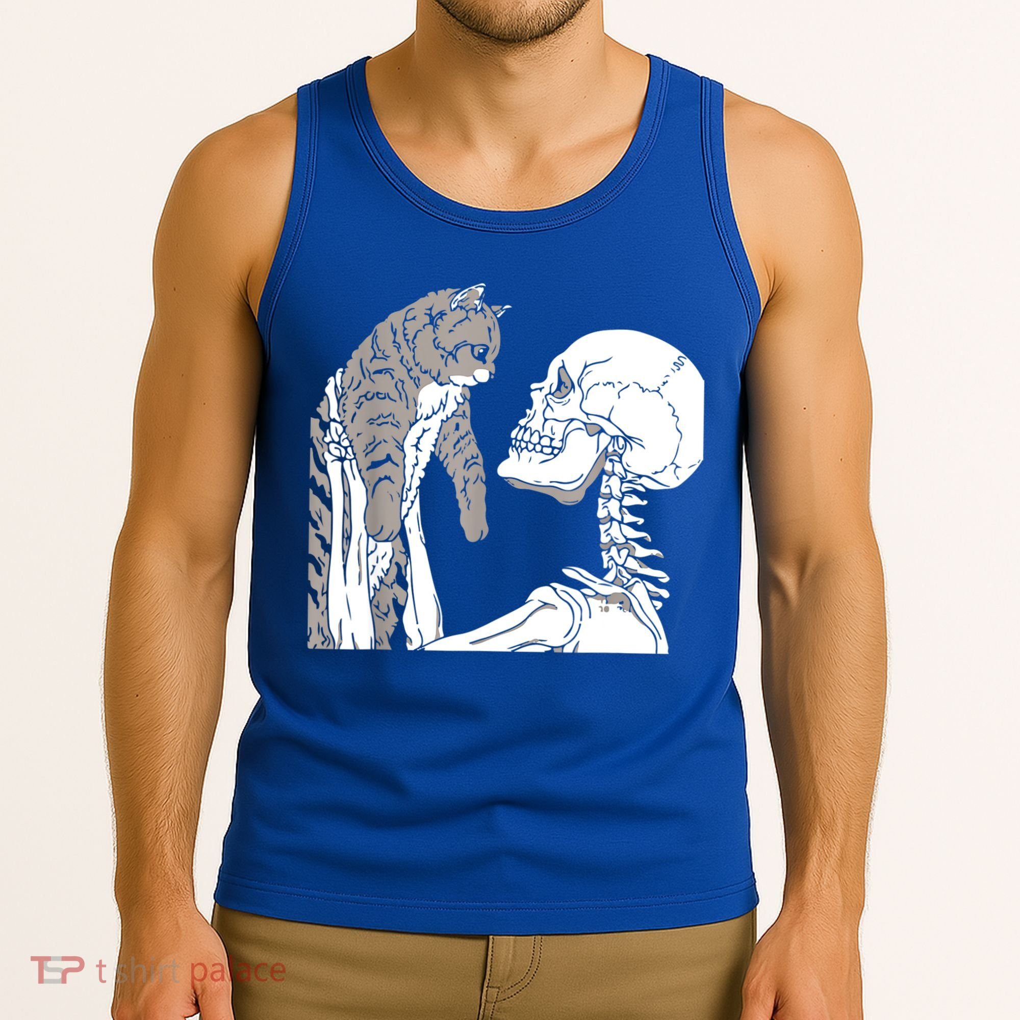 Skeleton Holding A Cat Shirt Lazy Halloween Costume Skull Tank Top