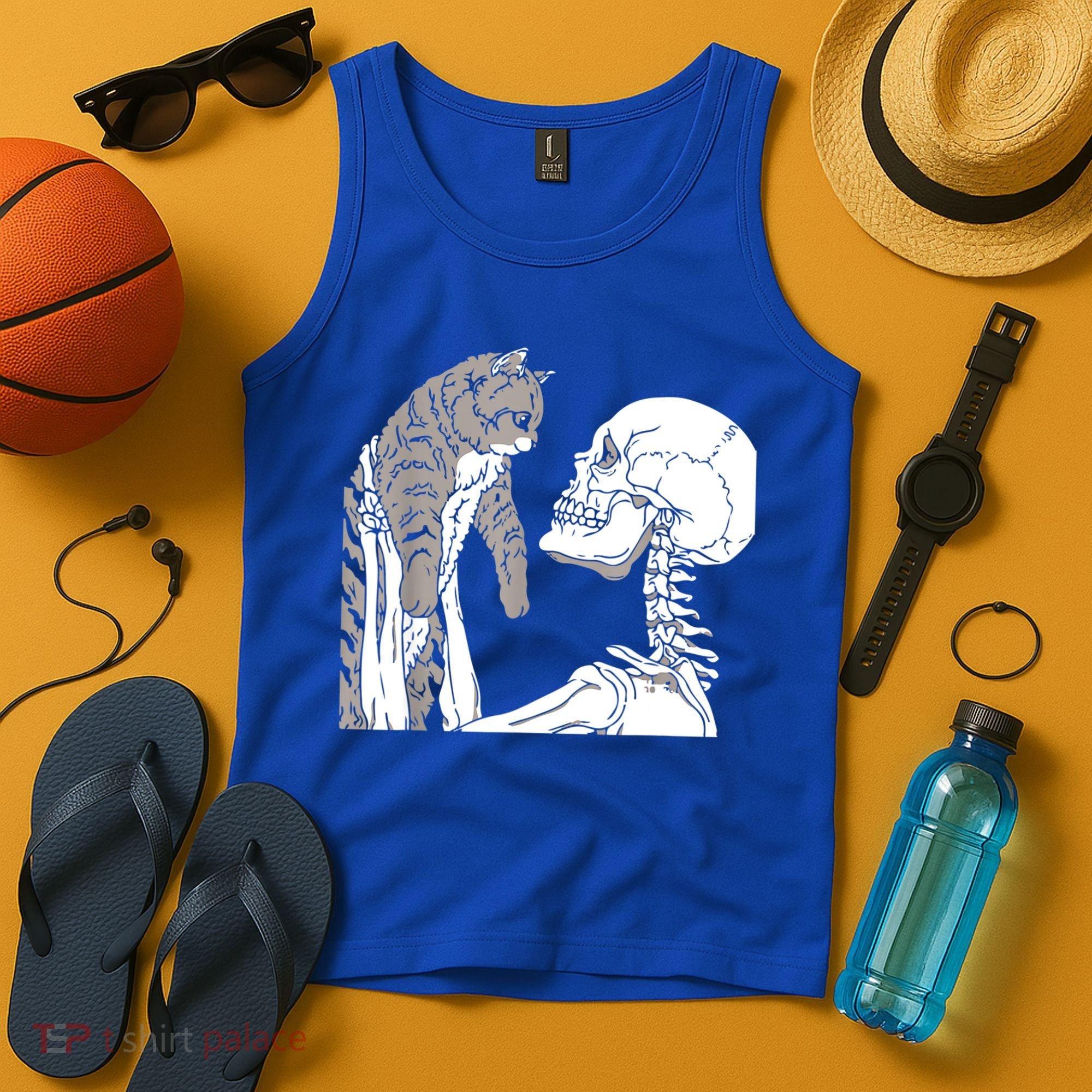 Skeleton Holding A Cat Shirt Lazy Halloween Costume Skull Tank Top