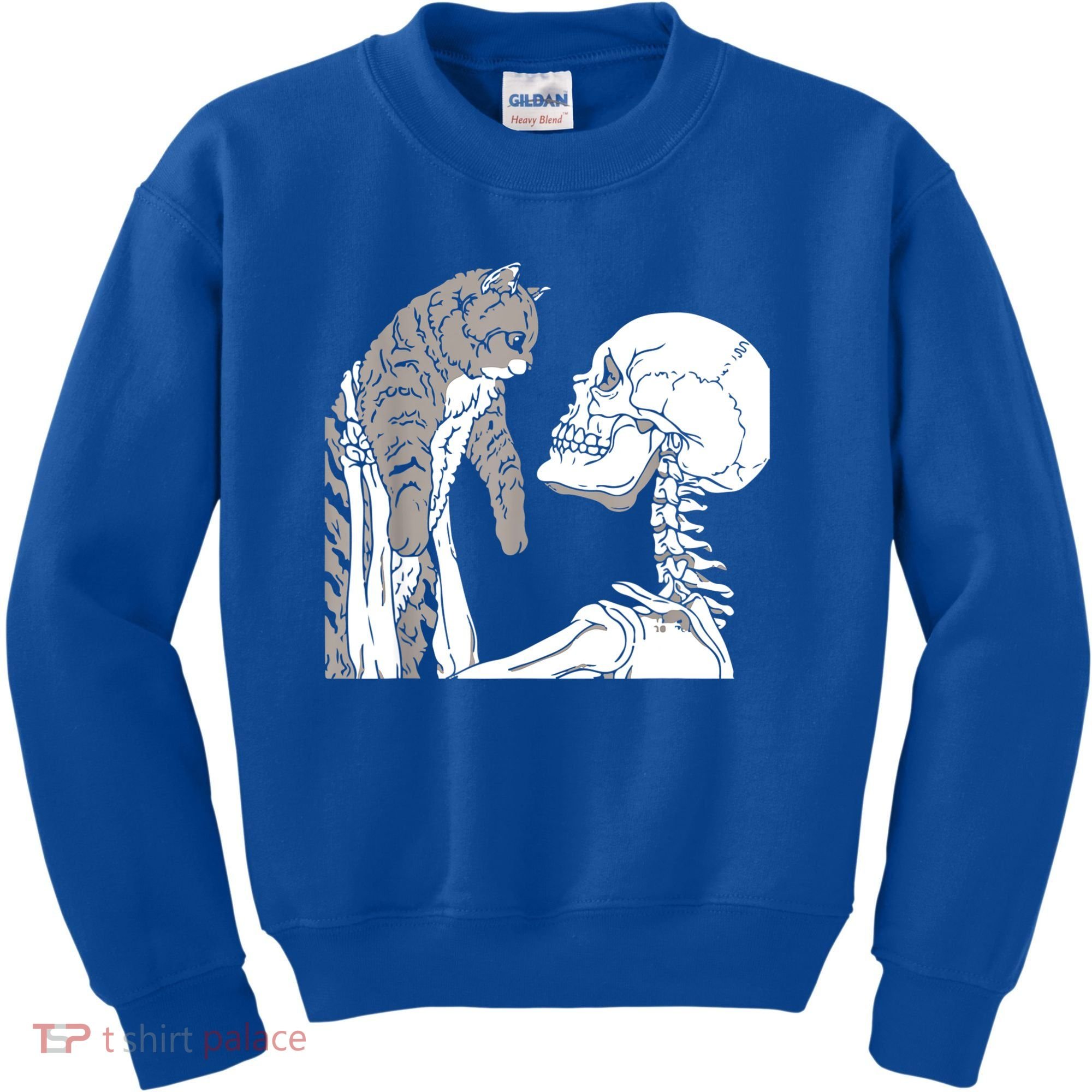 Skeleton Holding A Cat Shirt Lazy Halloween Costume Skull Kids Sweatshirt