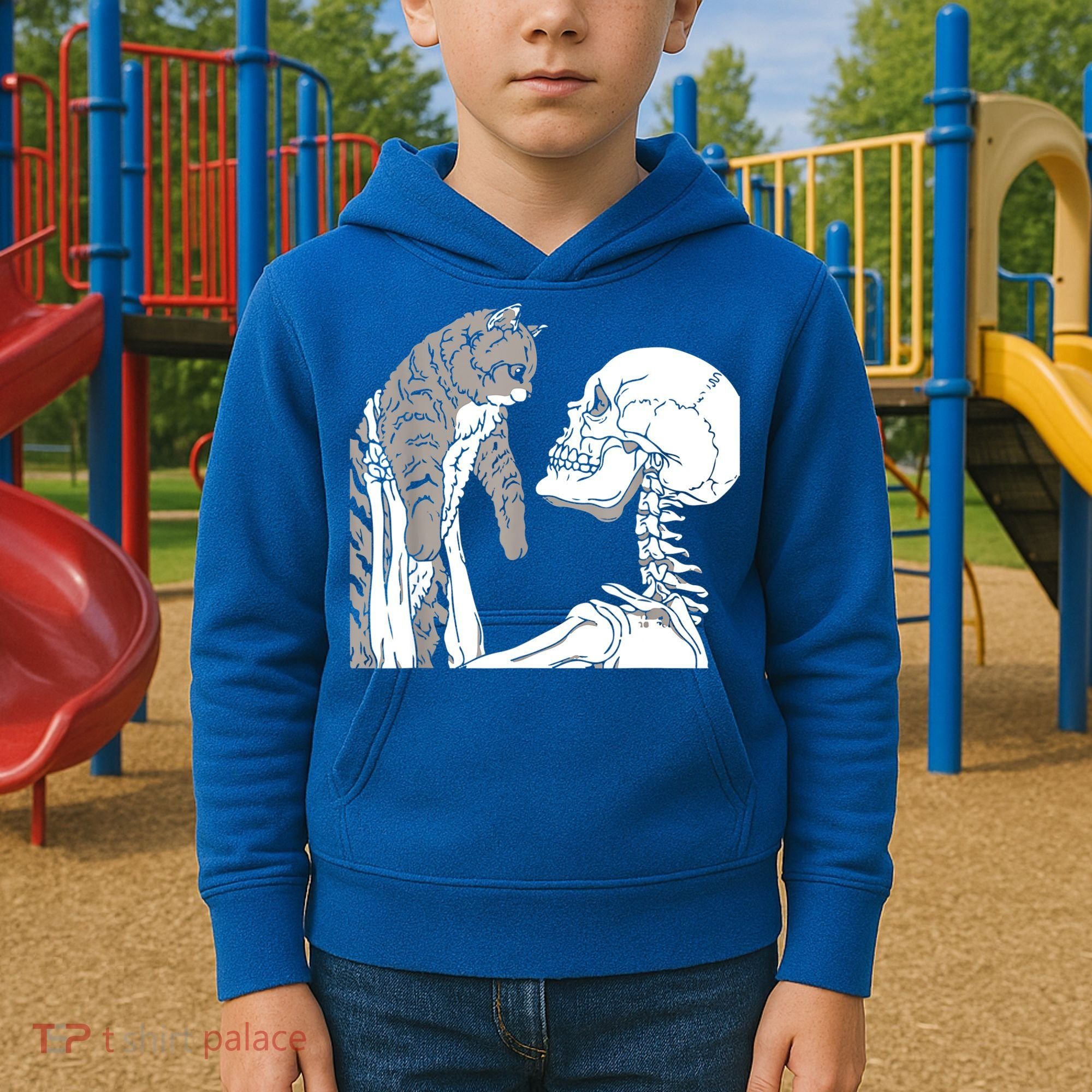 Skeleton Holding A Cat Shirt Lazy Halloween Costume Skull Kids Hoodie