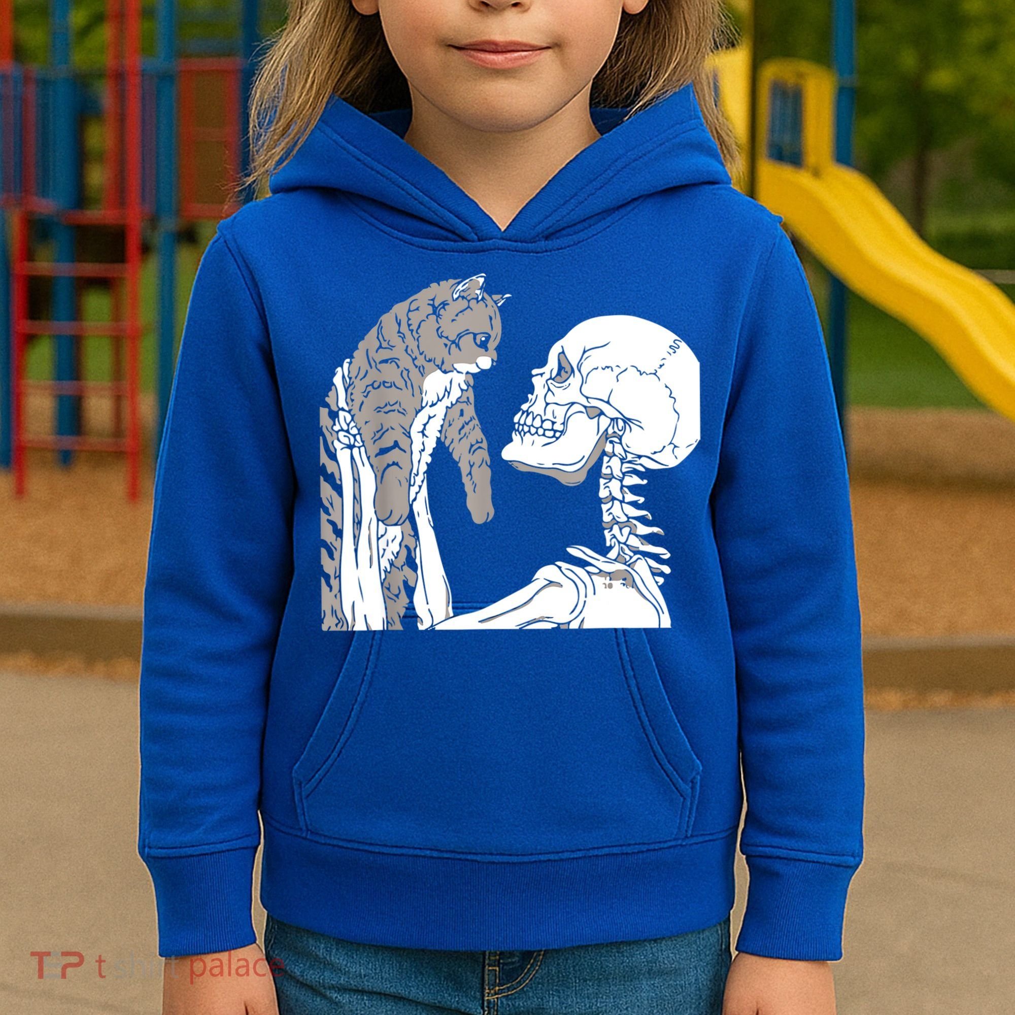 Skeleton Holding A Cat Shirt Lazy Halloween Costume Skull Kids Hoodie