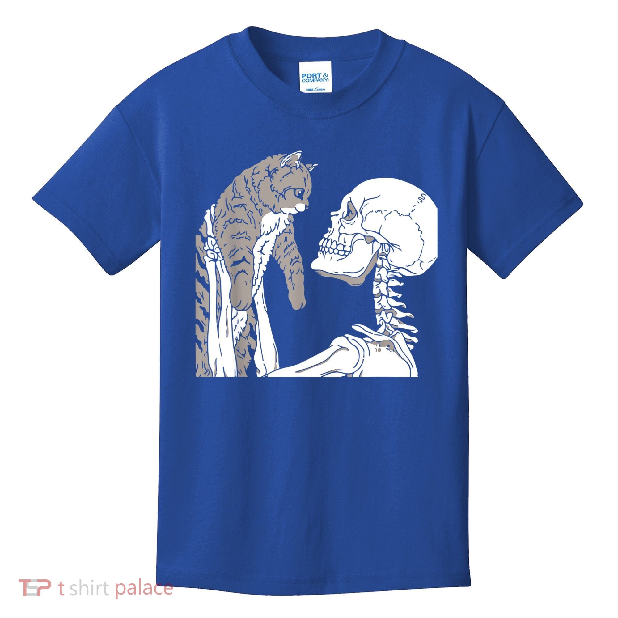 Skeleton Holding A Cat Shirt Lazy Halloween Costume Skull Kids T-Shirt
