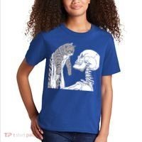 Skeleton Holding A Cat Shirt Lazy Halloween Costume Skull Kids T-Shirt thumb 2
