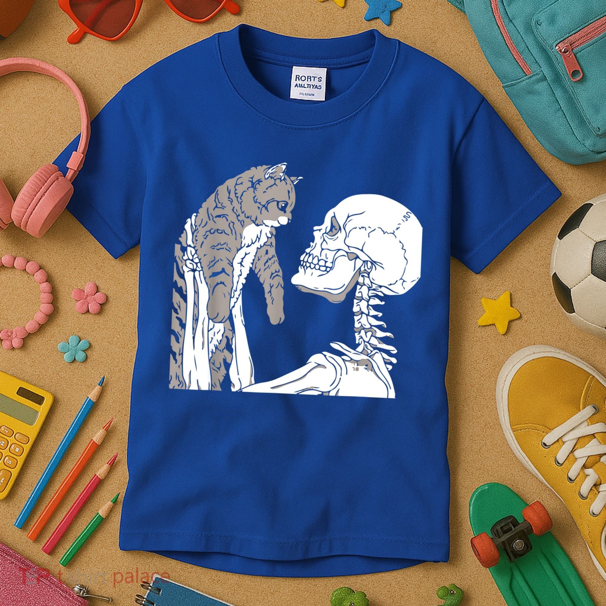 Skeleton Holding A Cat Shirt Lazy Halloween Costume Skull Kids T-Shirt