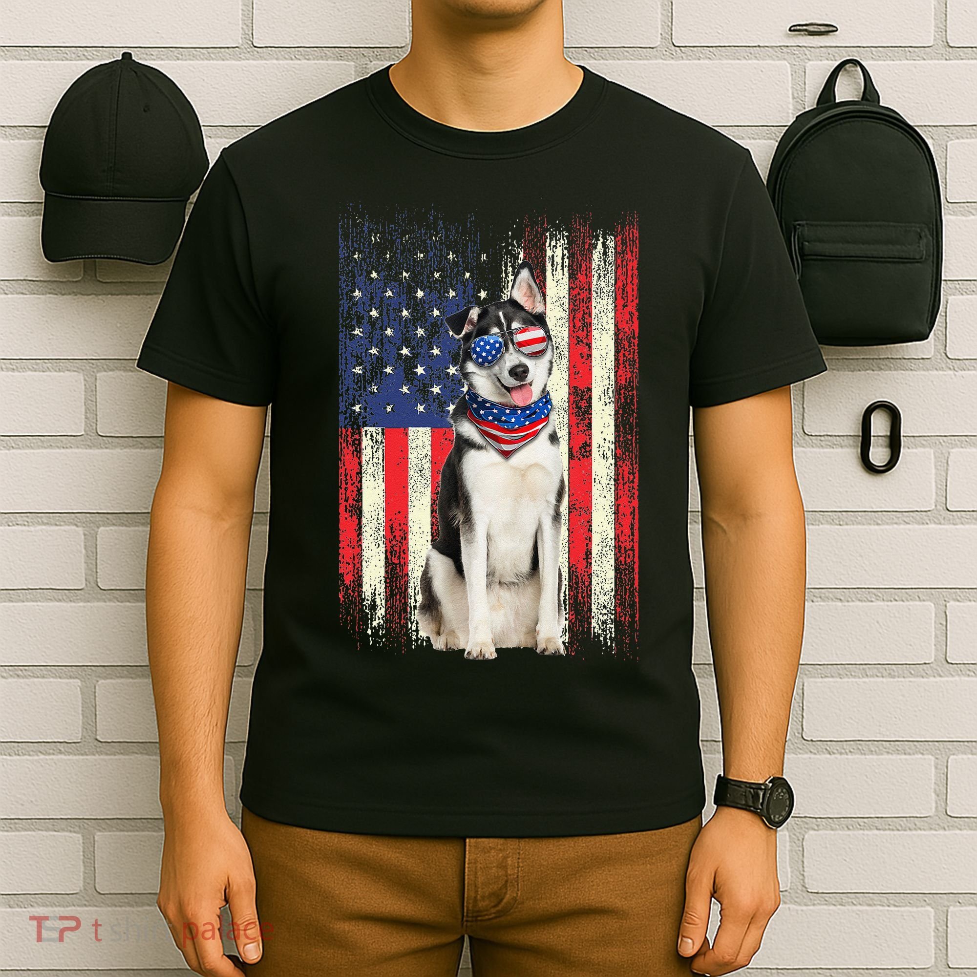 Siberian Husky American Flag 4th Of July Patriotic Dog Lover T-Shirt
