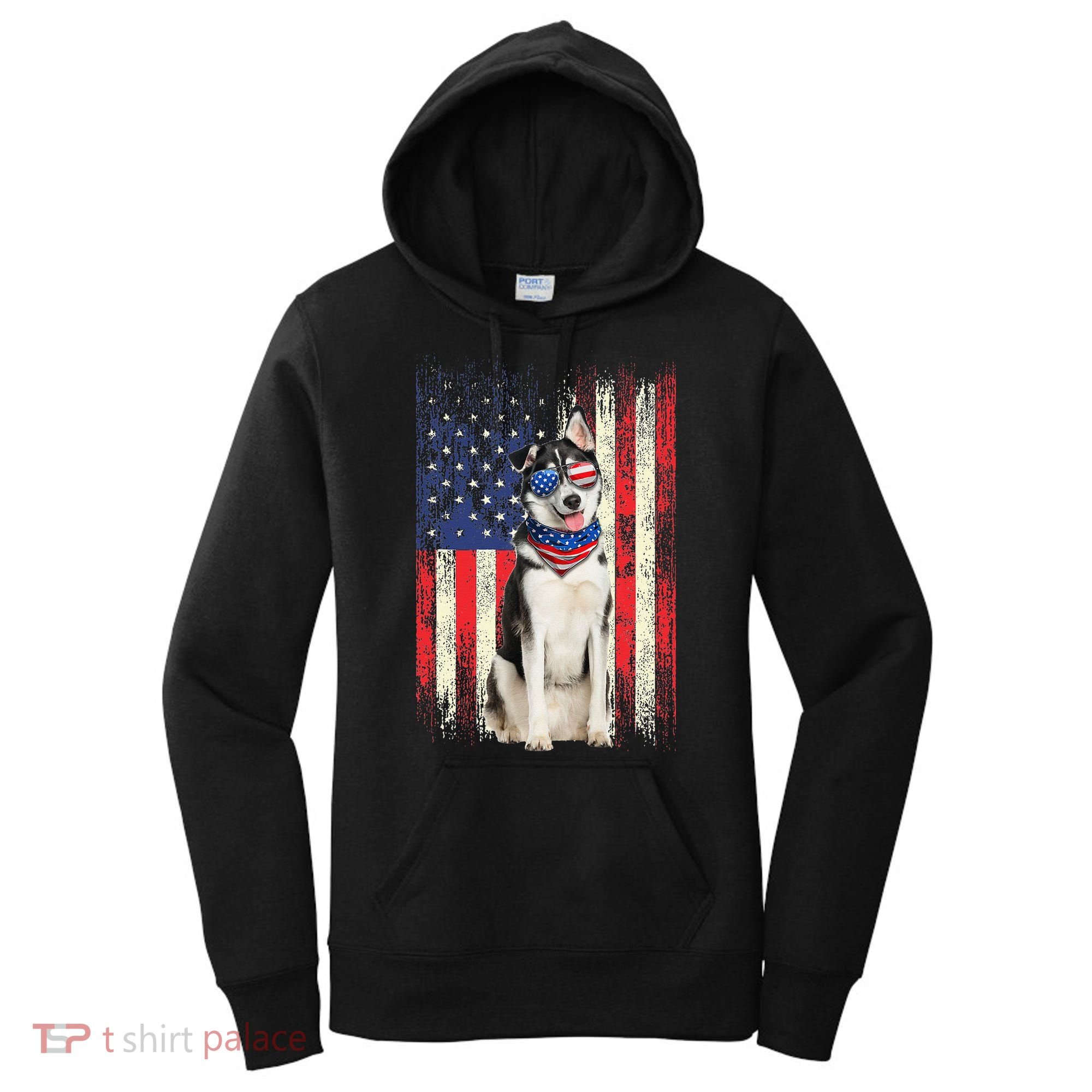 Siberian Husky American Flag 4th Of July Patriotic Dog Lover Women's Hoodie