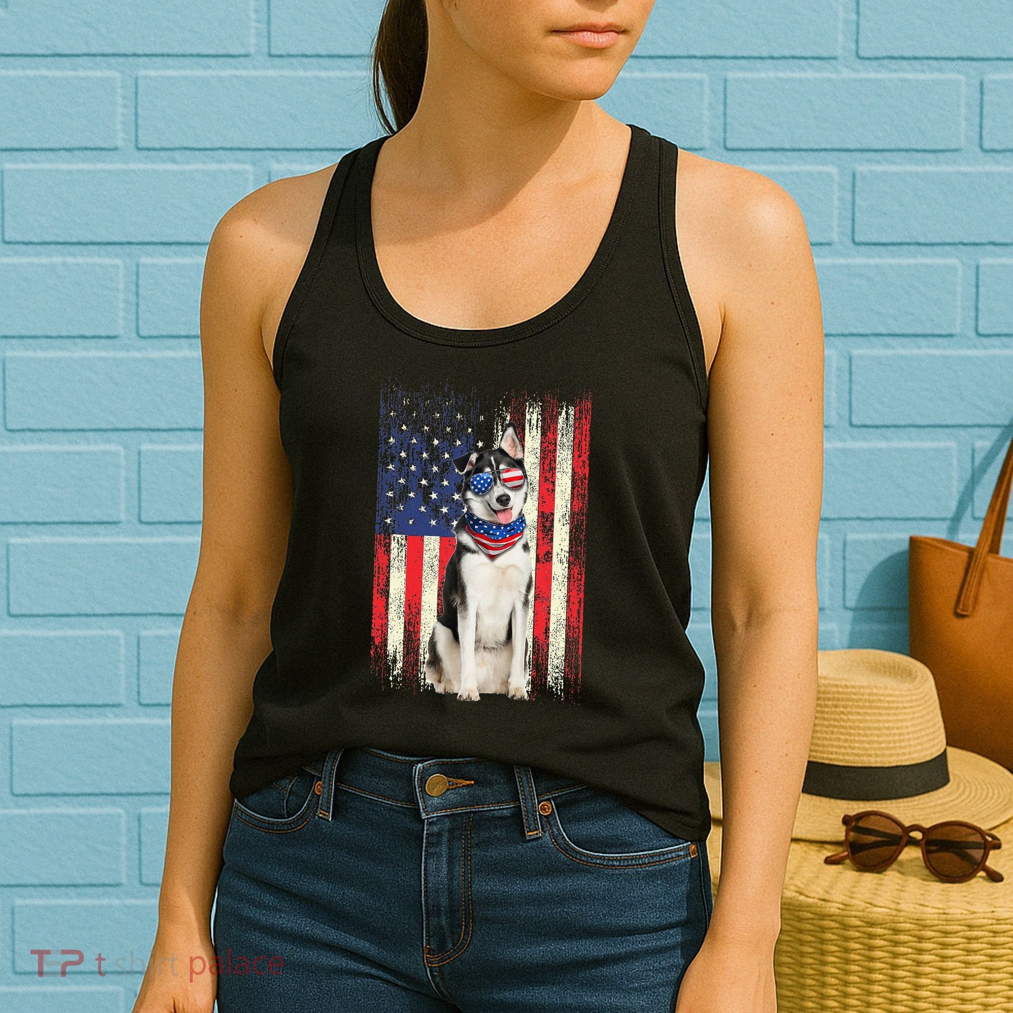 Siberian Husky American Flag 4th Of July Patriotic Dog Lover Women's Tank Top