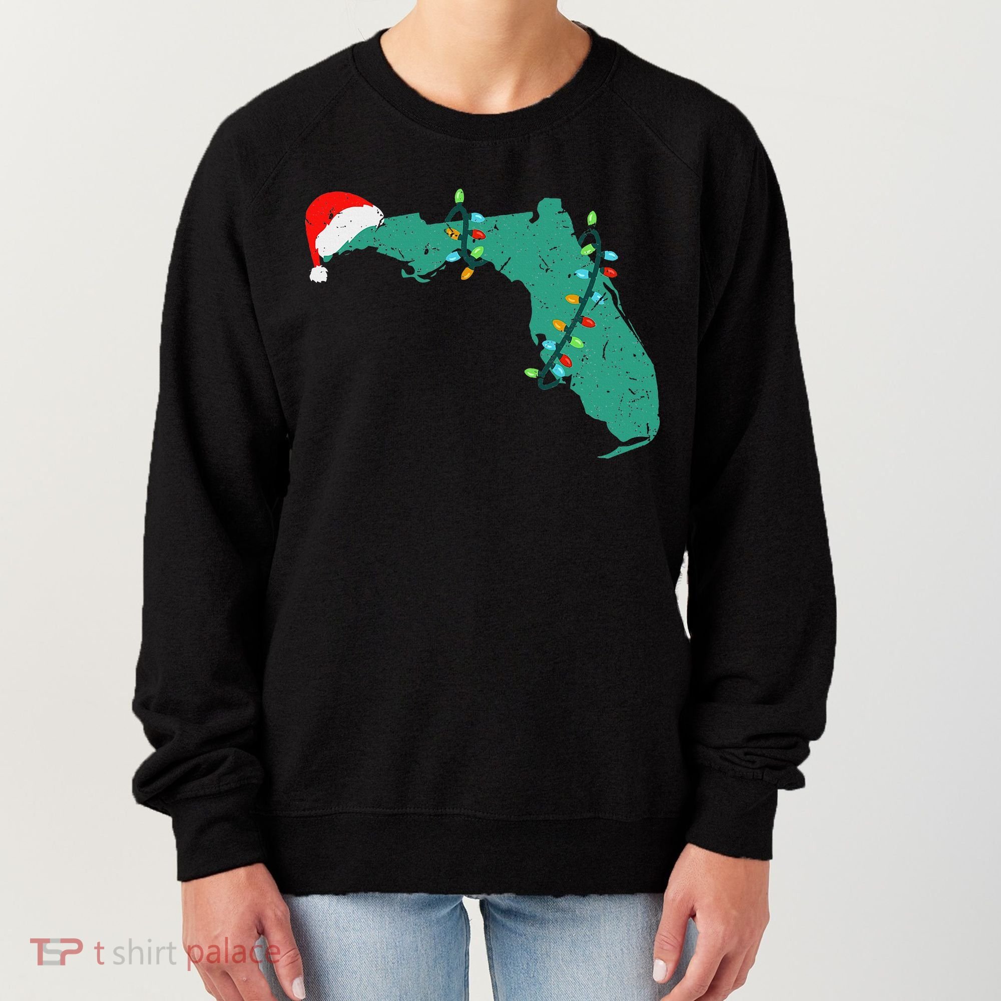 Santa Hat And Lights State Outline Christmas In Florida Women's Sweatshirt