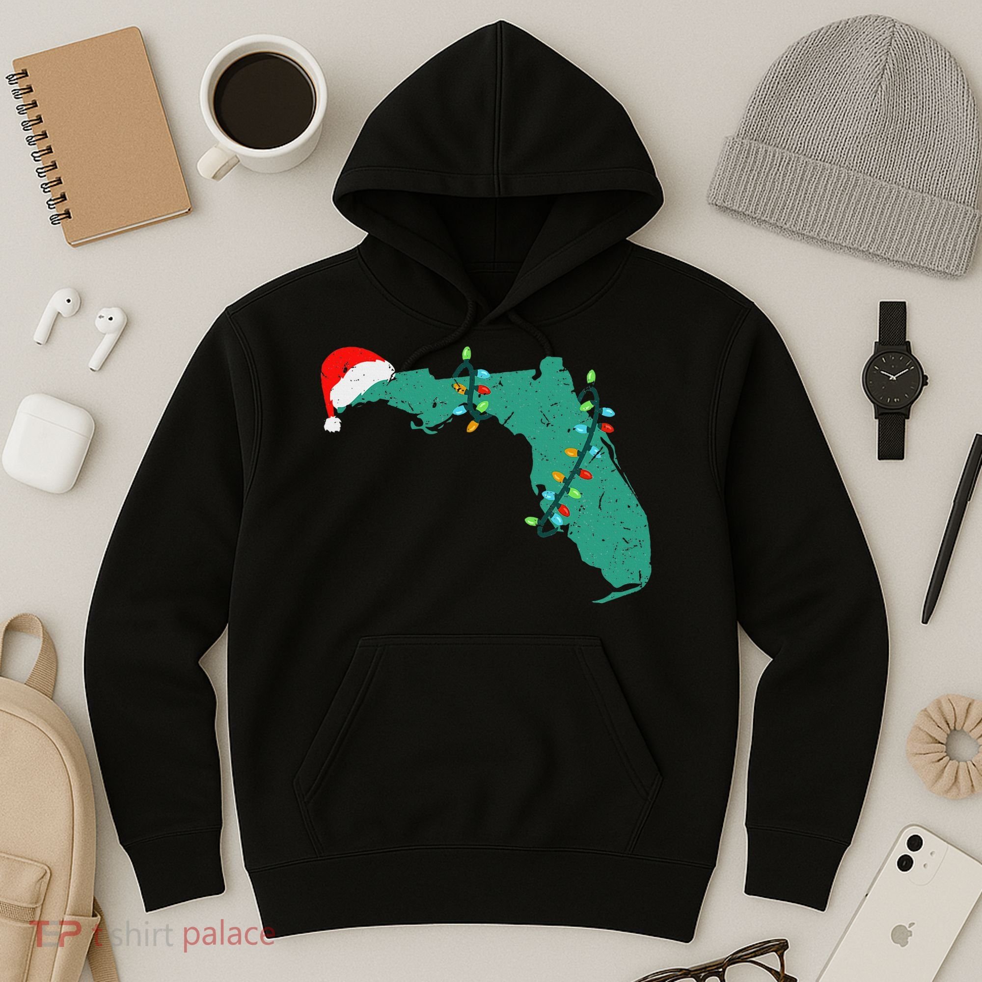 Santa Hat And Lights State Outline Christmas In Florida Hoodie