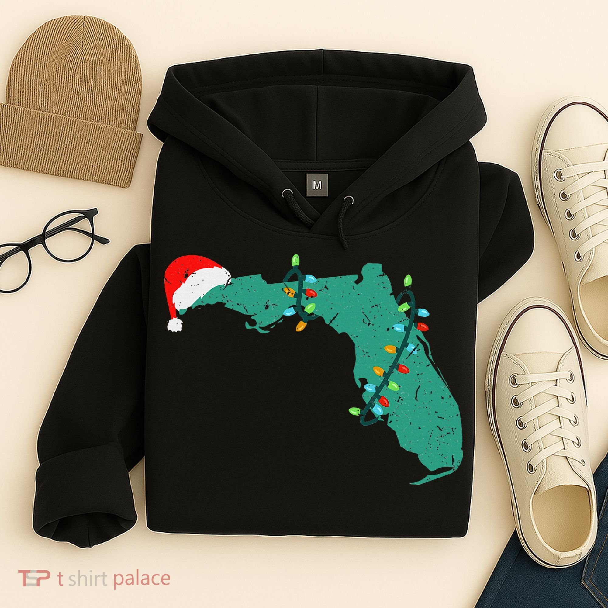 Santa Hat And Lights State Outline Christmas In Florida Hoodie