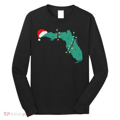 Santa Hat And Lights State Outline Christmas In Florida Long Sleeve Shirt