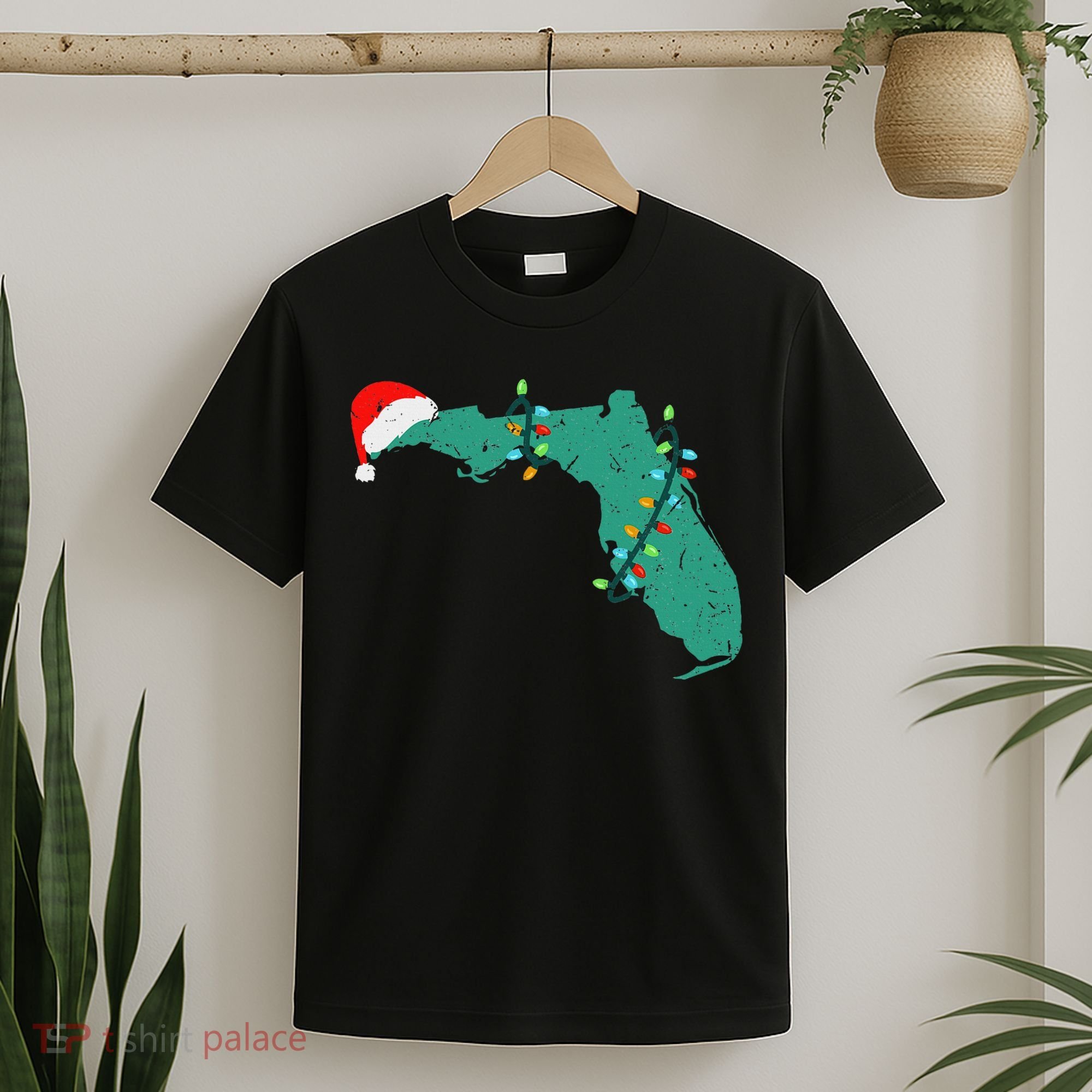 Santa Hat And Lights State Outline Christmas In Florida T-Shirt