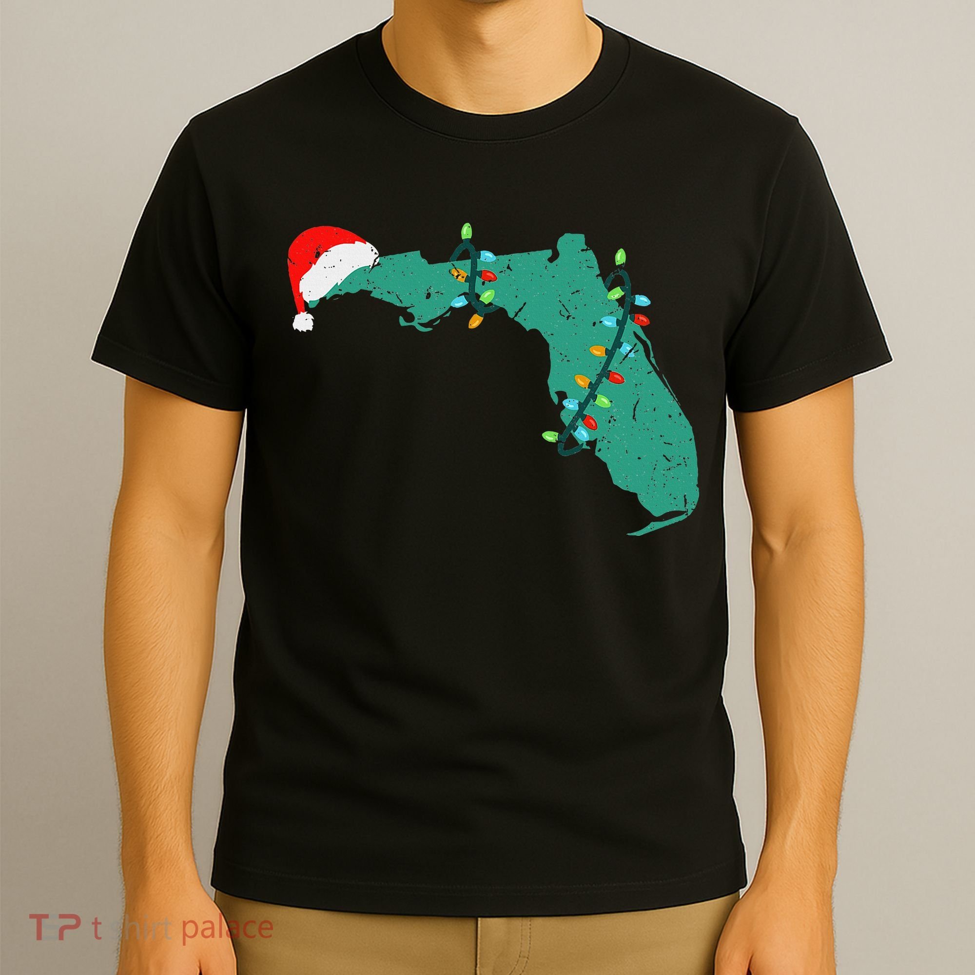 Santa Hat And Lights State Outline Christmas In Florida T-Shirt