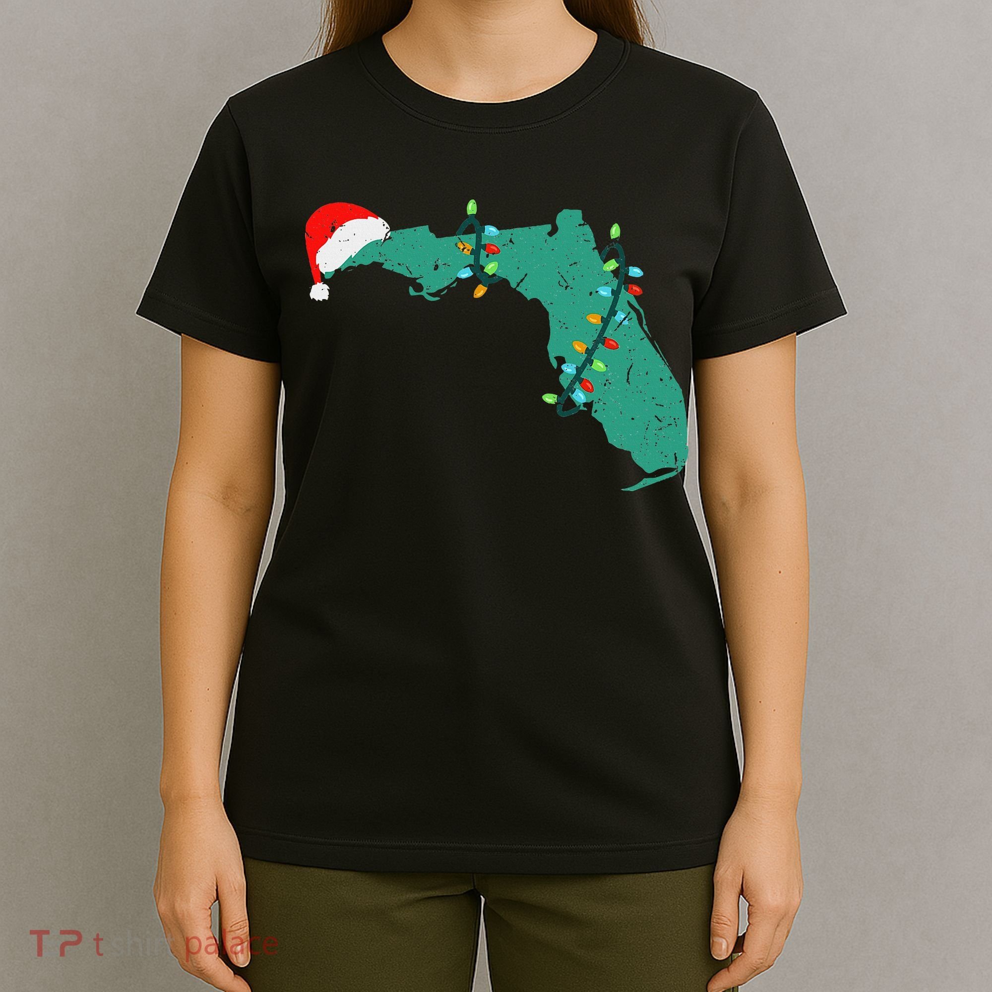 Santa Hat And Lights State Outline Christmas In Florida T-Shirt