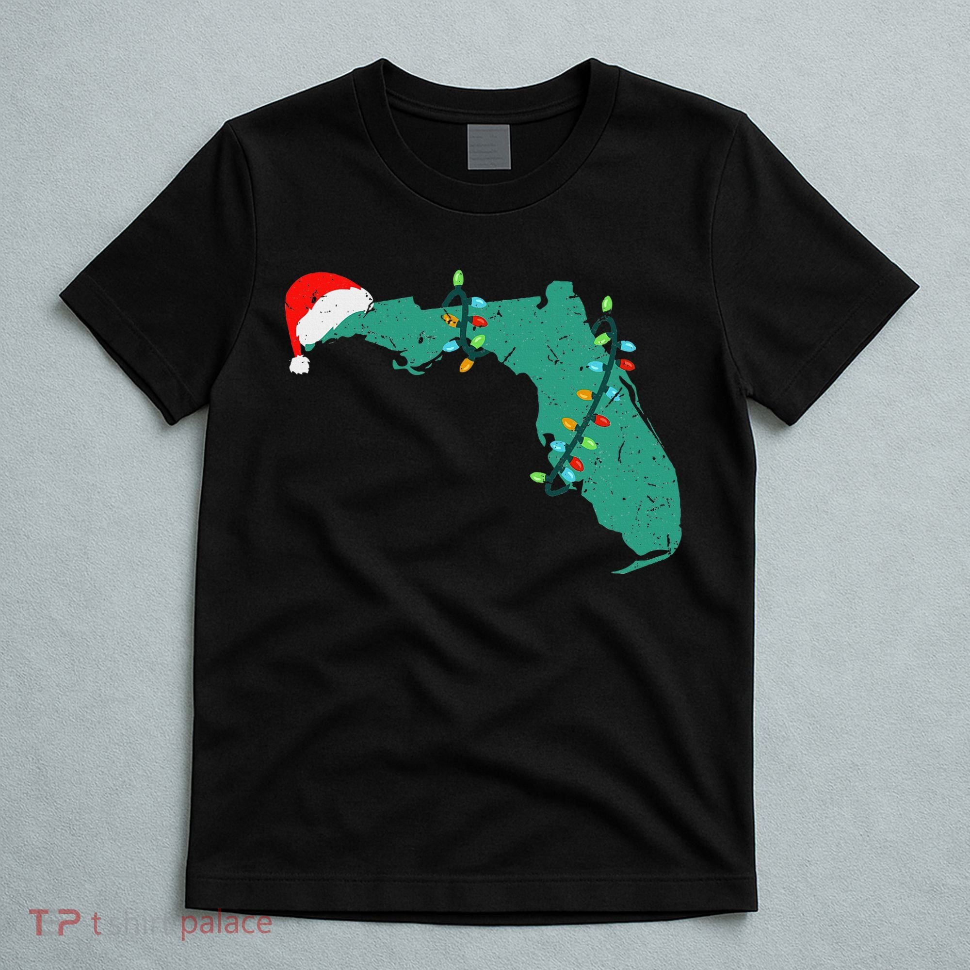 Santa Hat And Lights State Outline Christmas In Florida T-Shirt