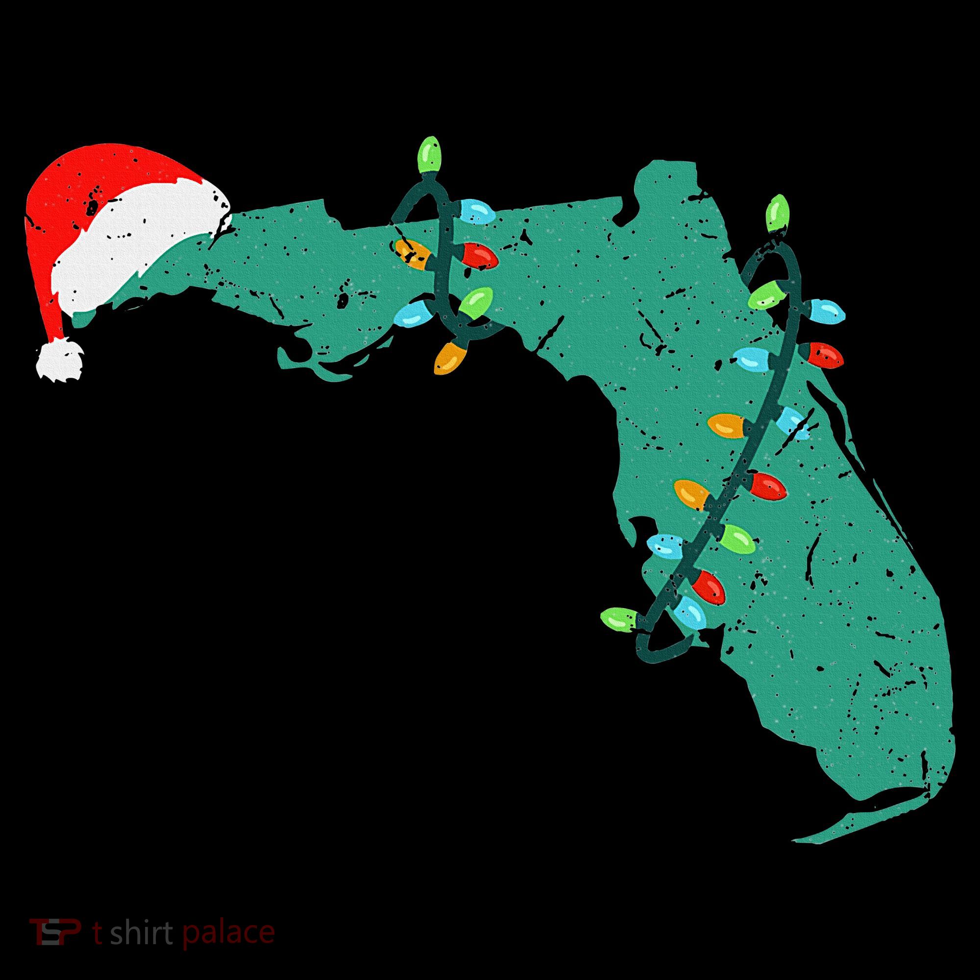 Santa Hat And Lights State Outline Christmas In Florida T-Shirt