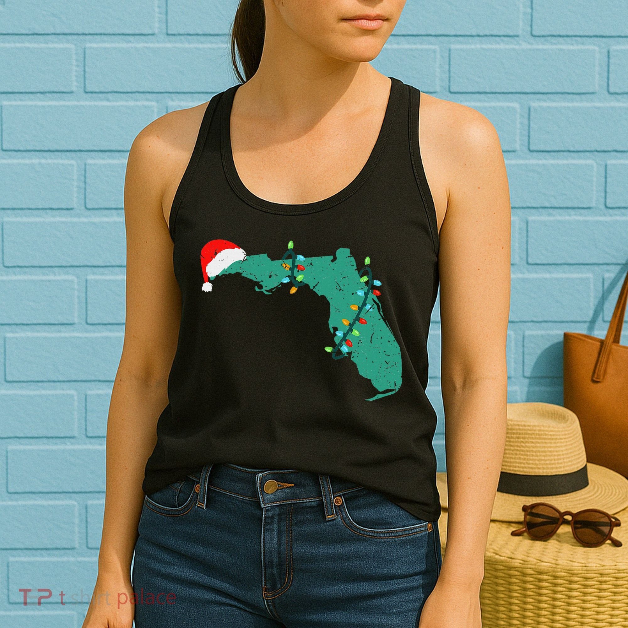 Santa Hat And Lights State Outline Christmas In Florida Women's Tank Top