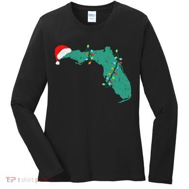 Santa Hat And Lights State Outline Christmas In Florida Women's Long Sleeve Shirt