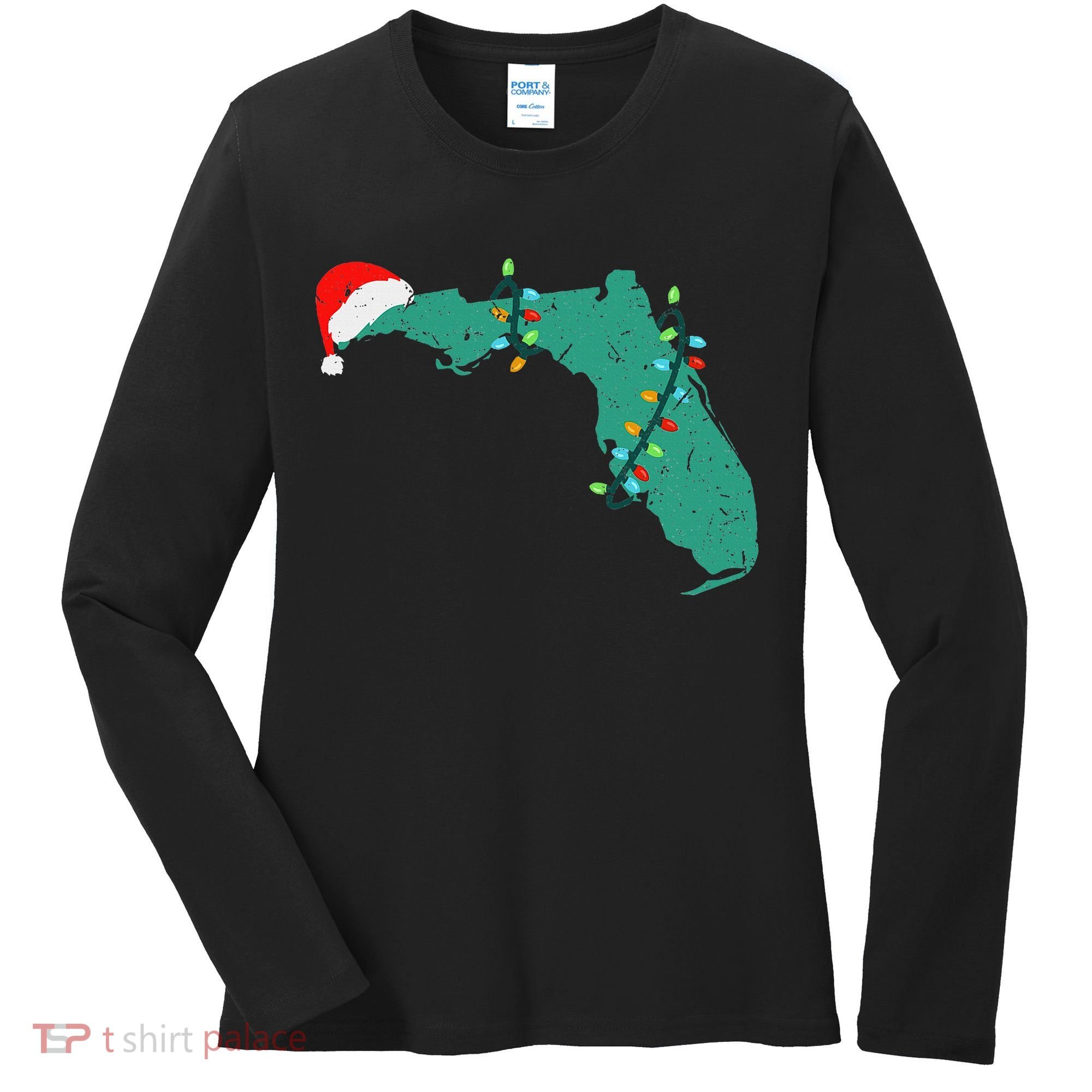Santa Hat And Lights State Outline Christmas In Florida Women's Long Sleeve Shirt