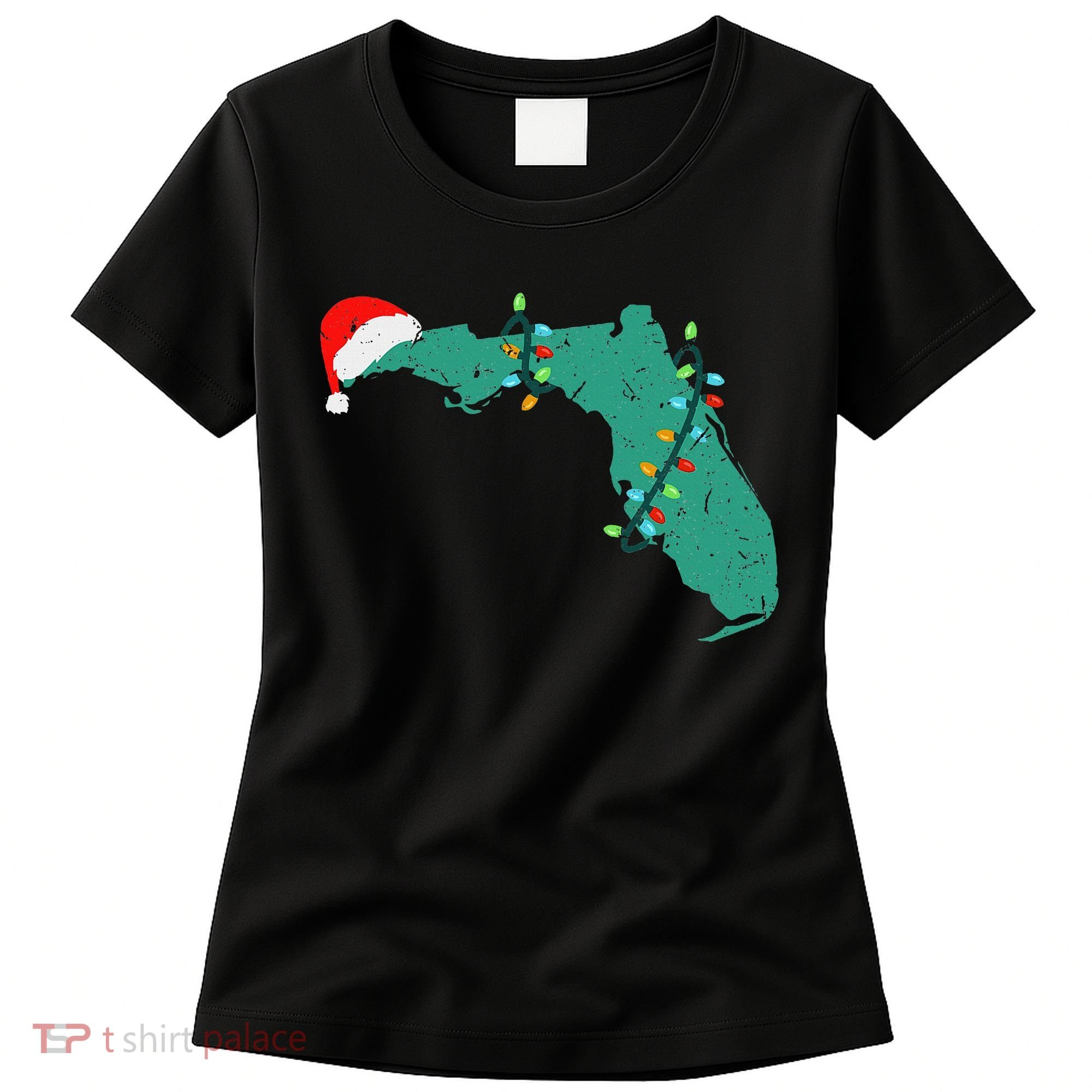 Santa Hat And Lights State Outline Christmas In Florida Women's T-Shirt