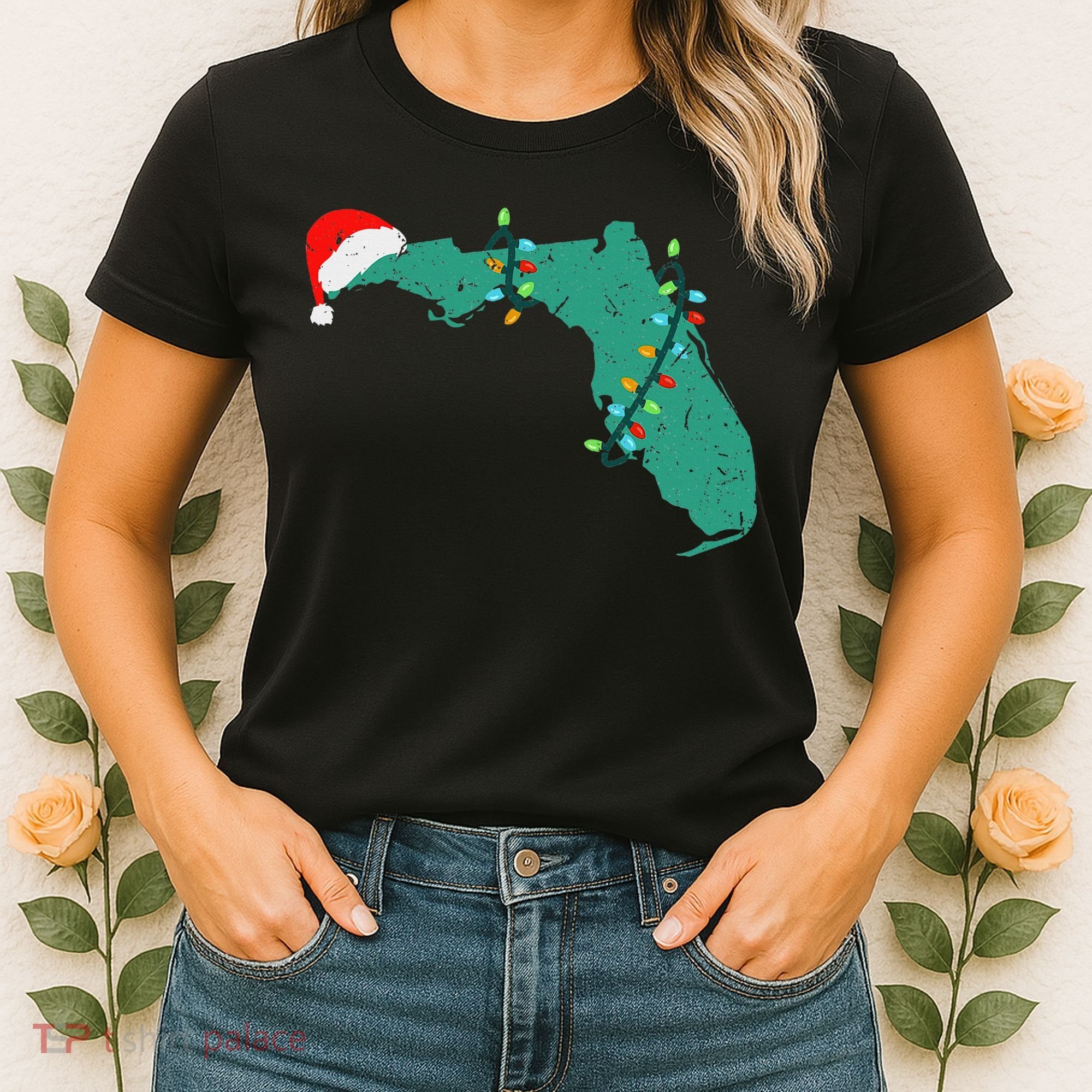 Santa Hat And Lights State Outline Christmas In Florida Women's T-Shirt