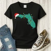 Santa Hat And Lights State Outline Christmas In Florida Women's T-Shirt thumb 3