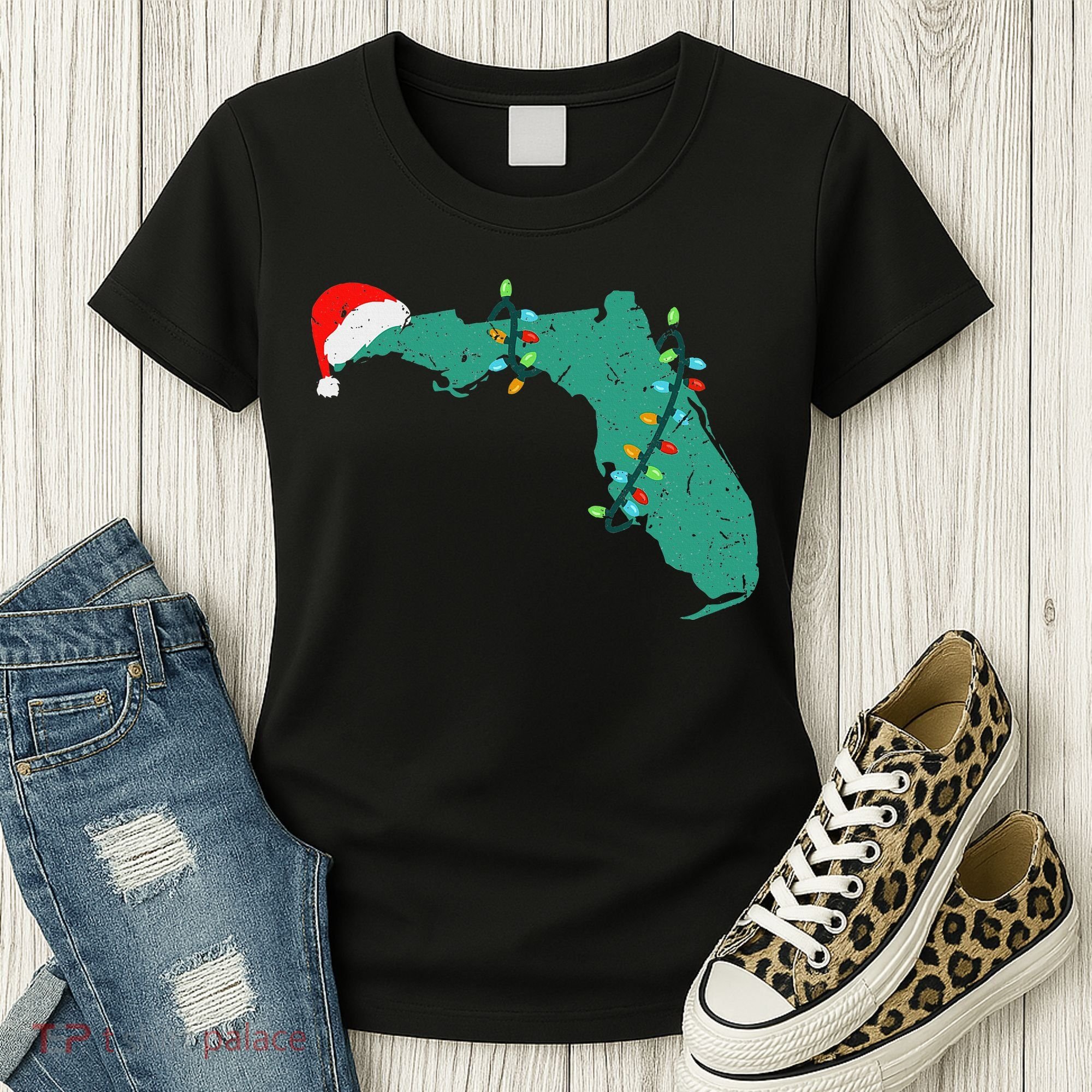 Santa Hat And Lights State Outline Christmas In Florida Women's T-Shirt