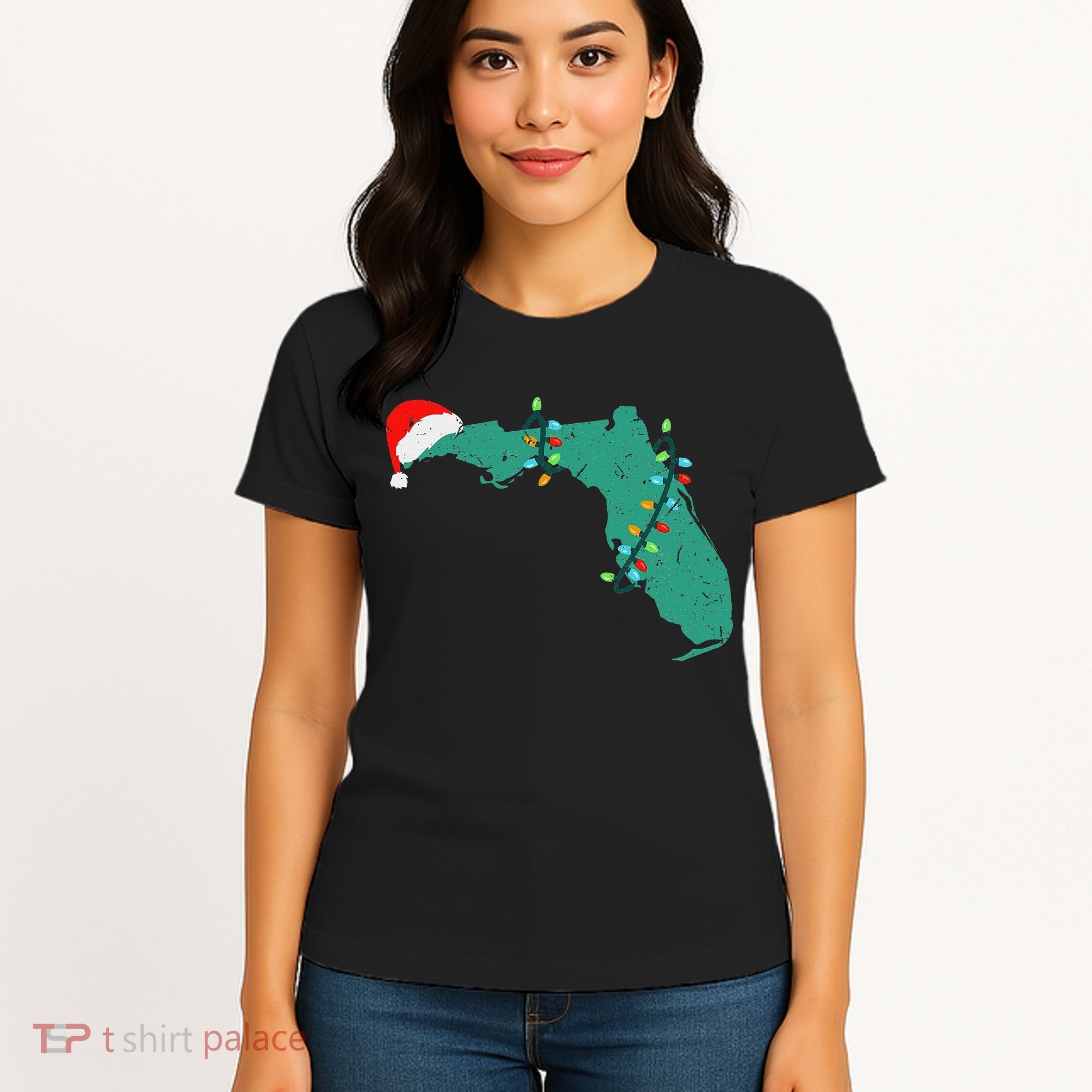Santa Hat And Lights State Outline Christmas In Florida Women's T-Shirt