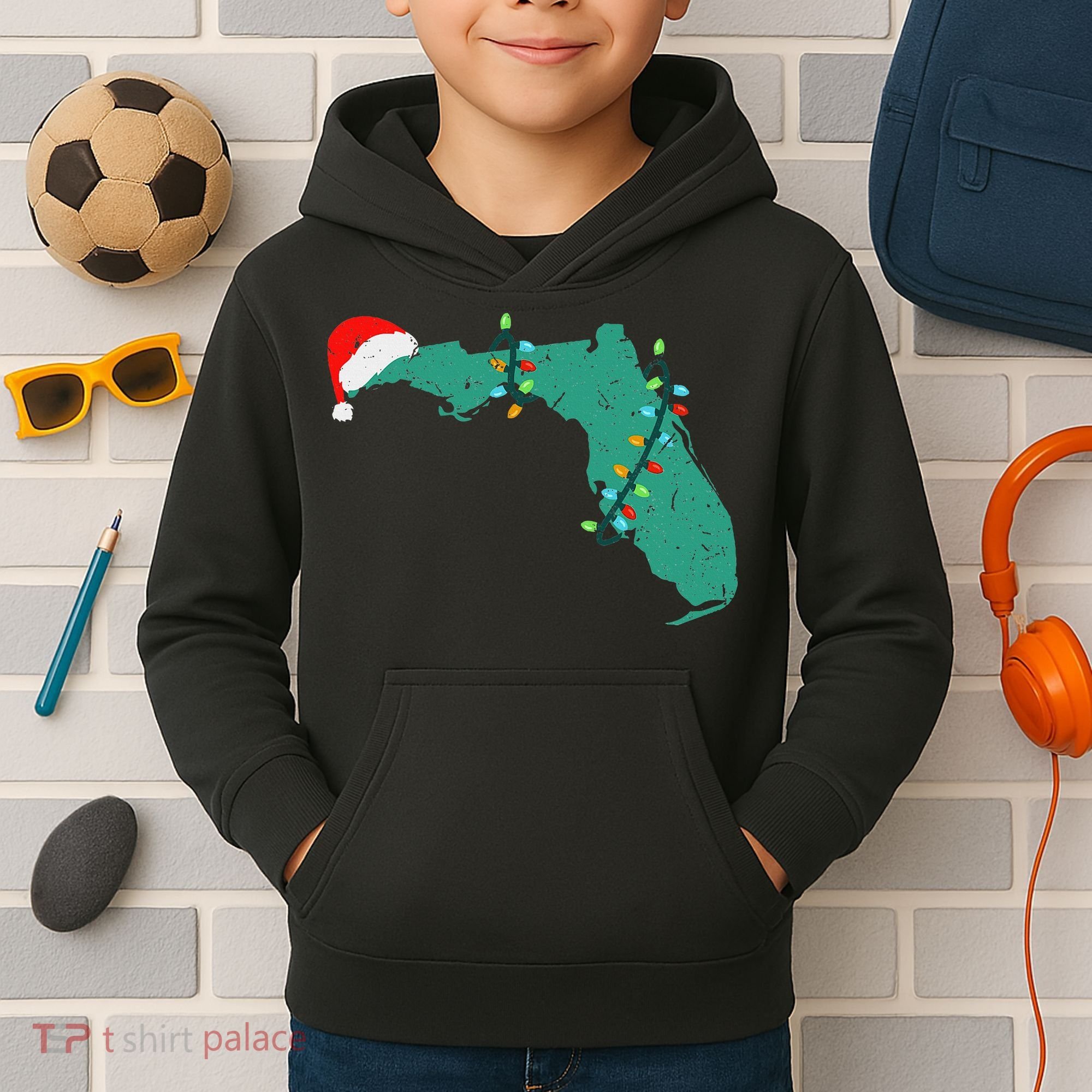 Santa Hat And Lights State Outline Christmas In Florida Kids Hoodie