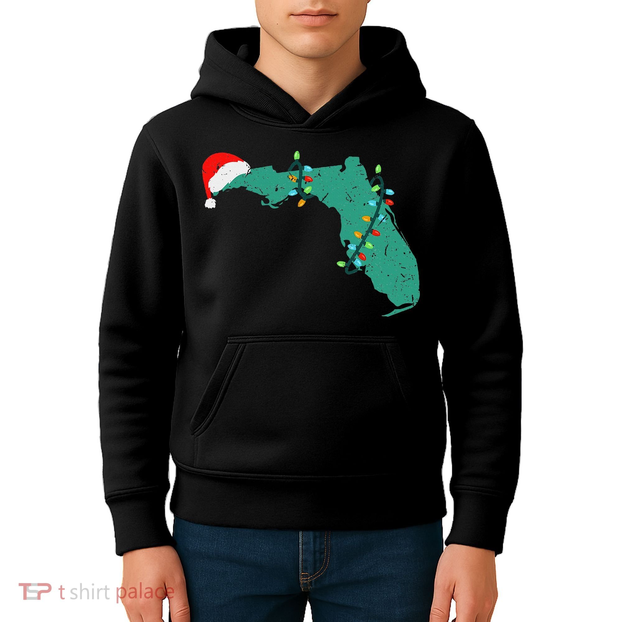 Santa Hat And Lights State Outline Christmas In Florida Kids Hoodie