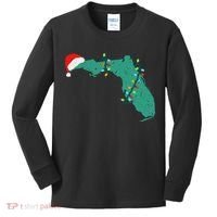 Santa Hat And Lights State Outline Christmas In Florida Kids Long Sleeve Shirt thumb 0