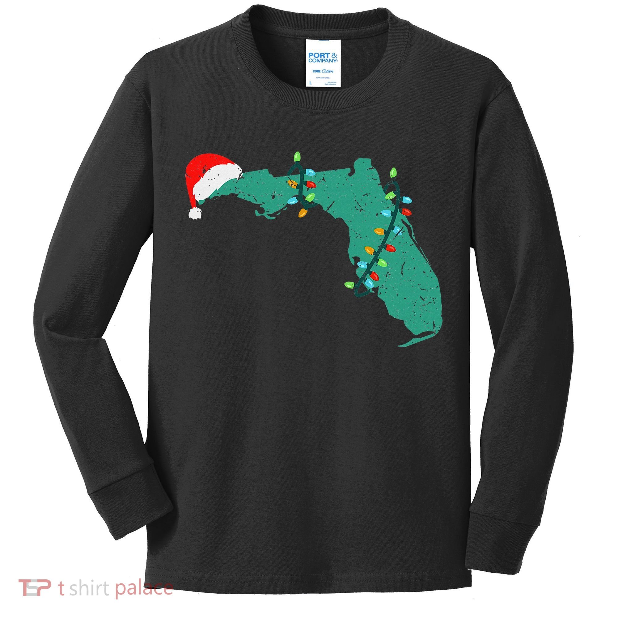 Santa Hat And Lights State Outline Christmas In Florida Kids Long Sleeve Shirt
