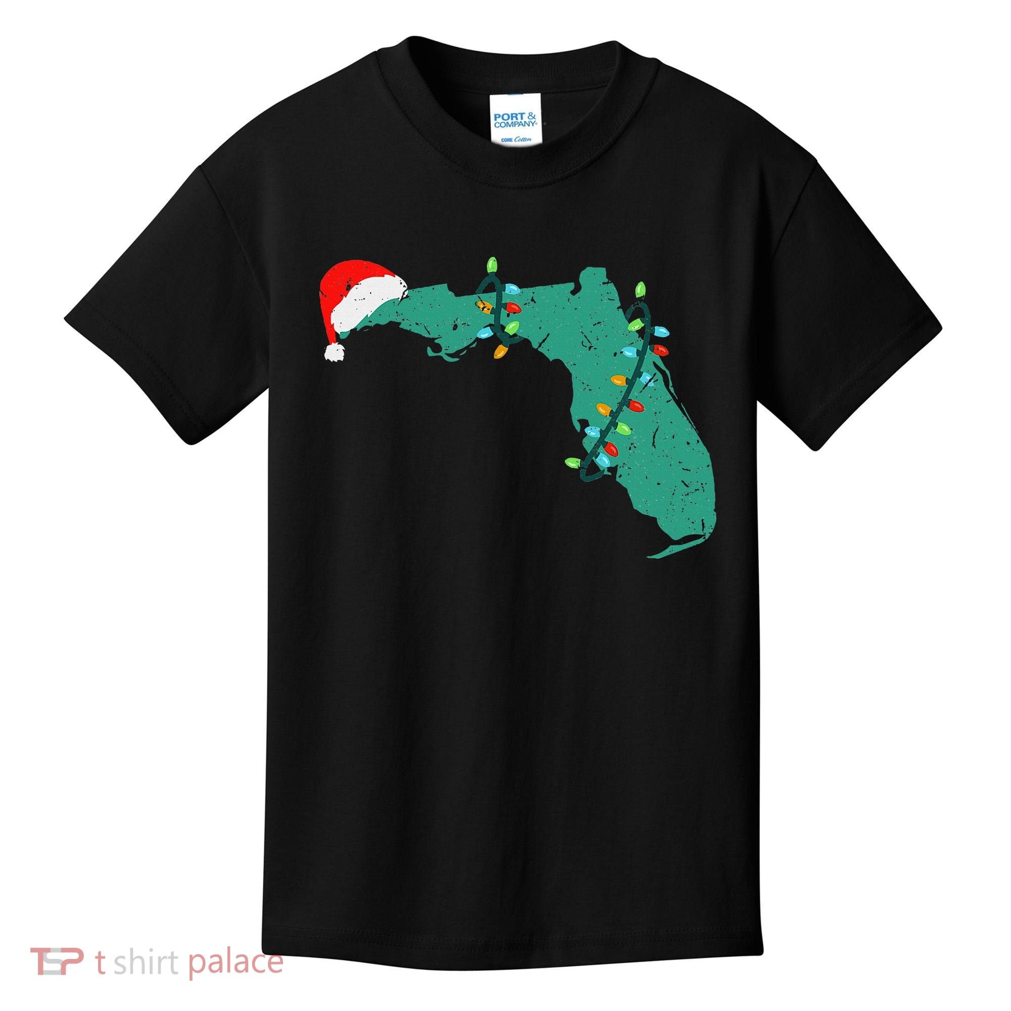 Santa Hat And Lights State Outline Christmas In Florida Kids T-Shirt