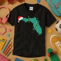 Santa Hat And Lights State Outline Christmas In Florida Kids T-Shirt thumb 3