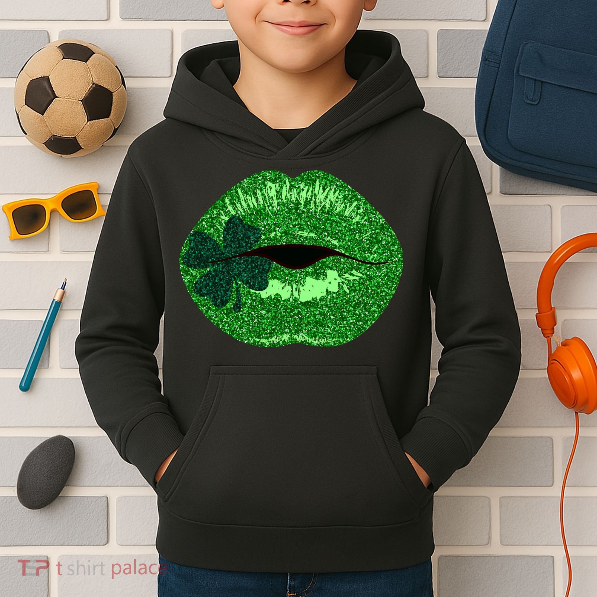 Shamrock Irish Clover Lips Kids Hoodie
