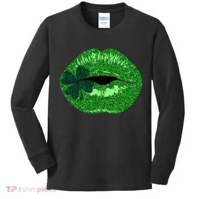 Shamrock Irish Clover Lips Kids Long Sleeve Shirt